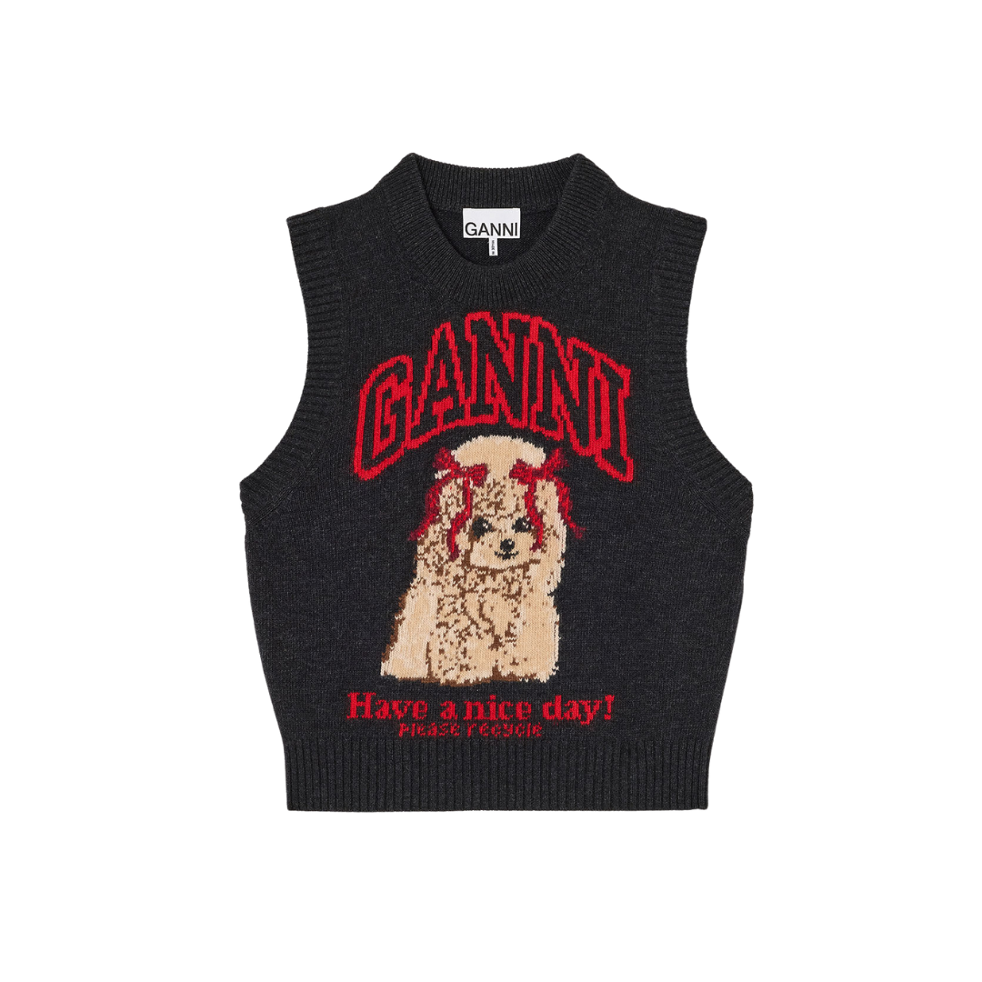 1FF0101-378 [GANNI] Graphic Wool Vest Black Sand (SS26) #A1070044 (C-EU-E)