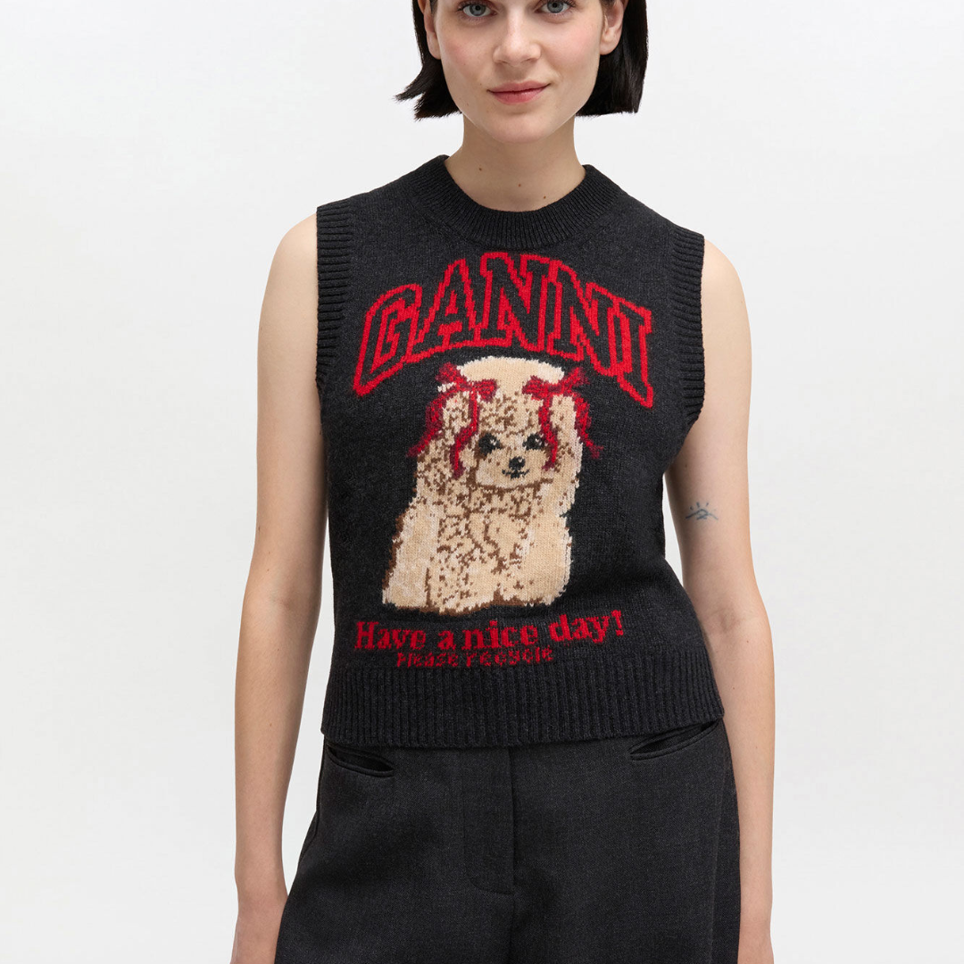 1FF0101-378 [GANNI] Graphic Wool Vest Black Sand (SS26) #A1070044 (C-EU-E)