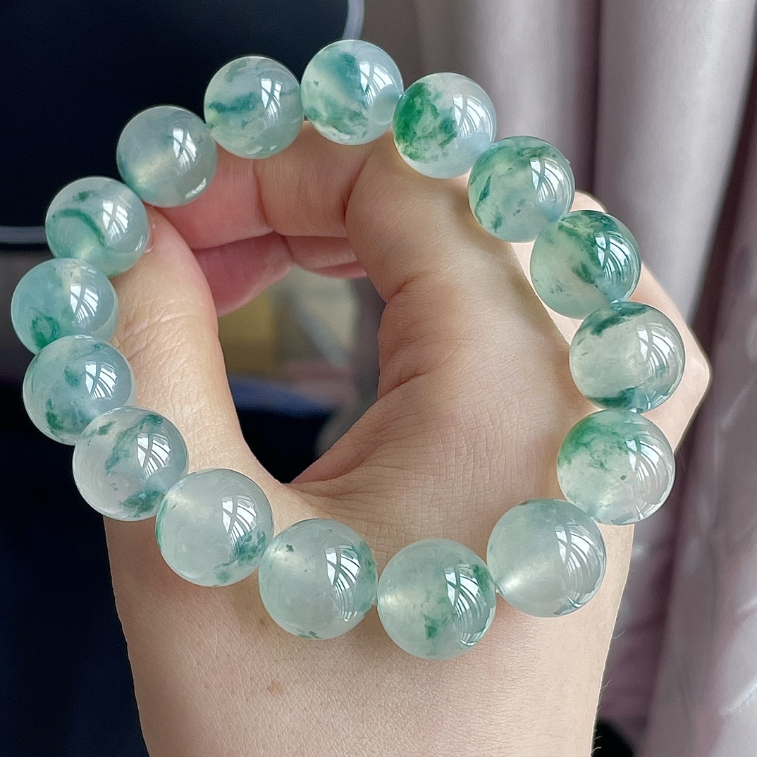 翡翠緬料高冰飄花手串 (13mm直徑),天然翡翠A玉, 緬甸玉, Jade, Jadeite