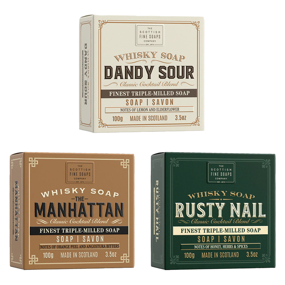 英國 Scottish Fine Soaps - 威士忌系列 紳士香氛沐浴皂 3件組（男子漢＋鏽釘子＋曼哈頓）