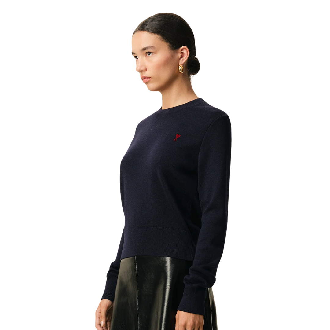 1FF0101-212 [AMI PARIS] wool crewneck sweater with contrasted Ami De Coeur Blue (SS26) #FKS826.001.414 (C-EU-E)