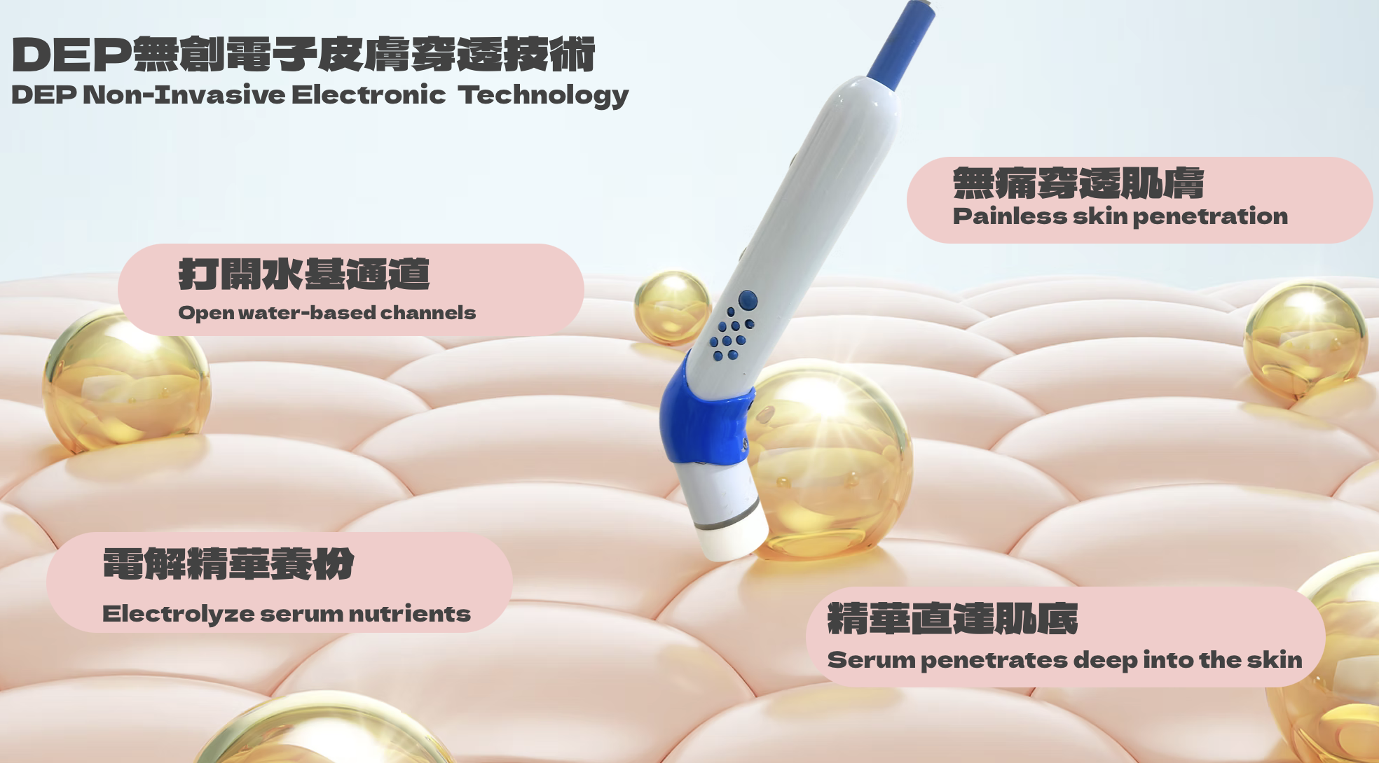 DEP意大利無針導入水光 DEP Italy Needle-Free Hydration Treatment 意大利DEP（Dermoelectroporation）是一項先進的專利無創皮膚滲透技術，已獲得美國FDA認證，作為傳統注射方法的有效替代方案。這項尖端技術採用獨特的電流傳遞和振動機制的結合，能將高效活性成分精華深入輸送至皮膚真皮層。
