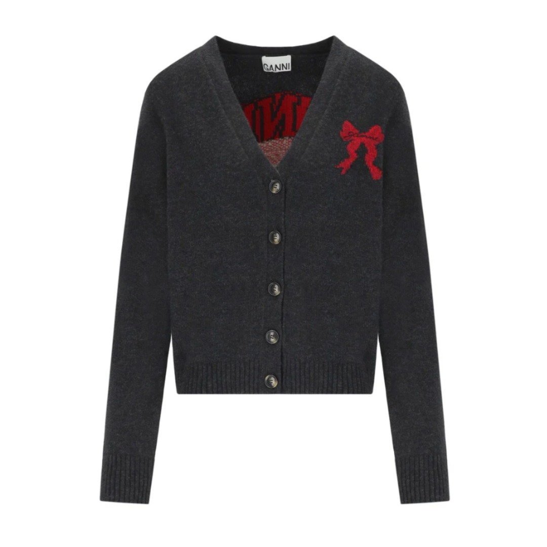 1FF0101-385 [GANNI] Graphic Wool Cardigan Phantom (SS26) #A1070090-252 (C-EU-E)