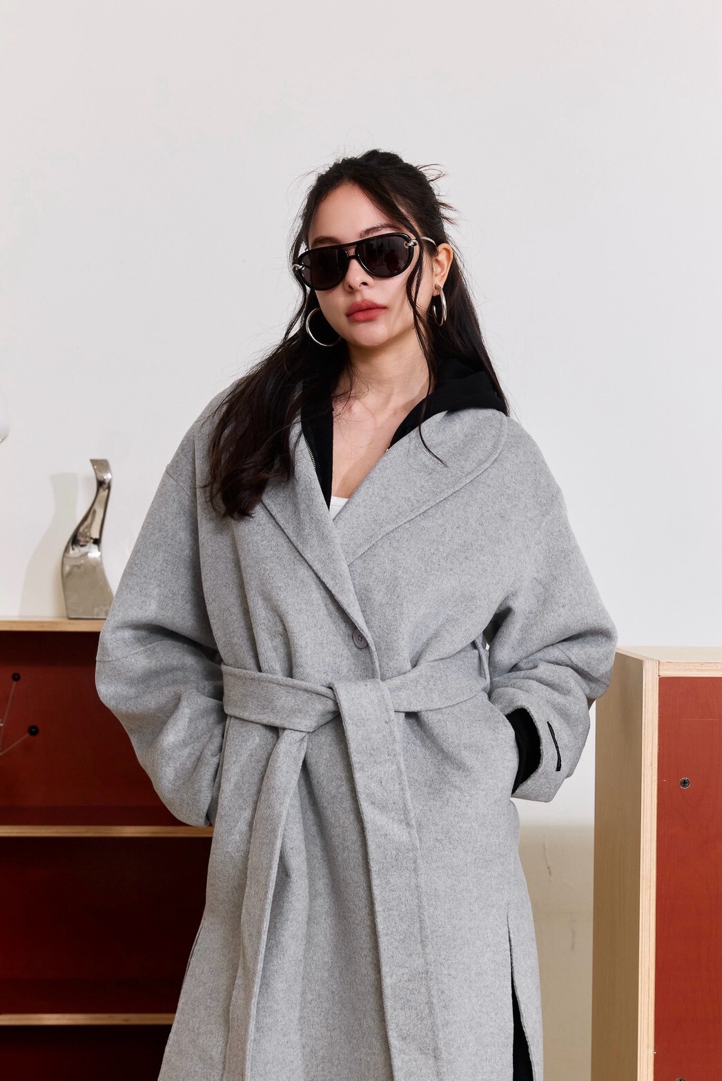 綁帶手工羊毛大衣_AMISSA（柔霧灰）