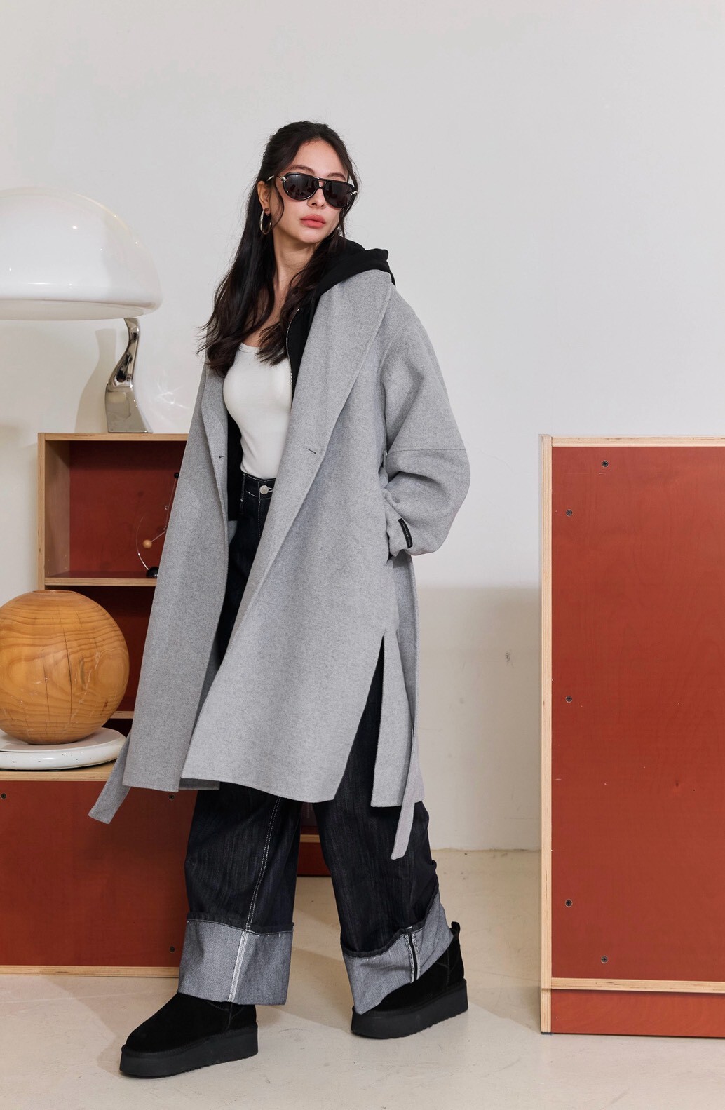 綁帶手工羊毛大衣_AMISSA（柔霧灰）