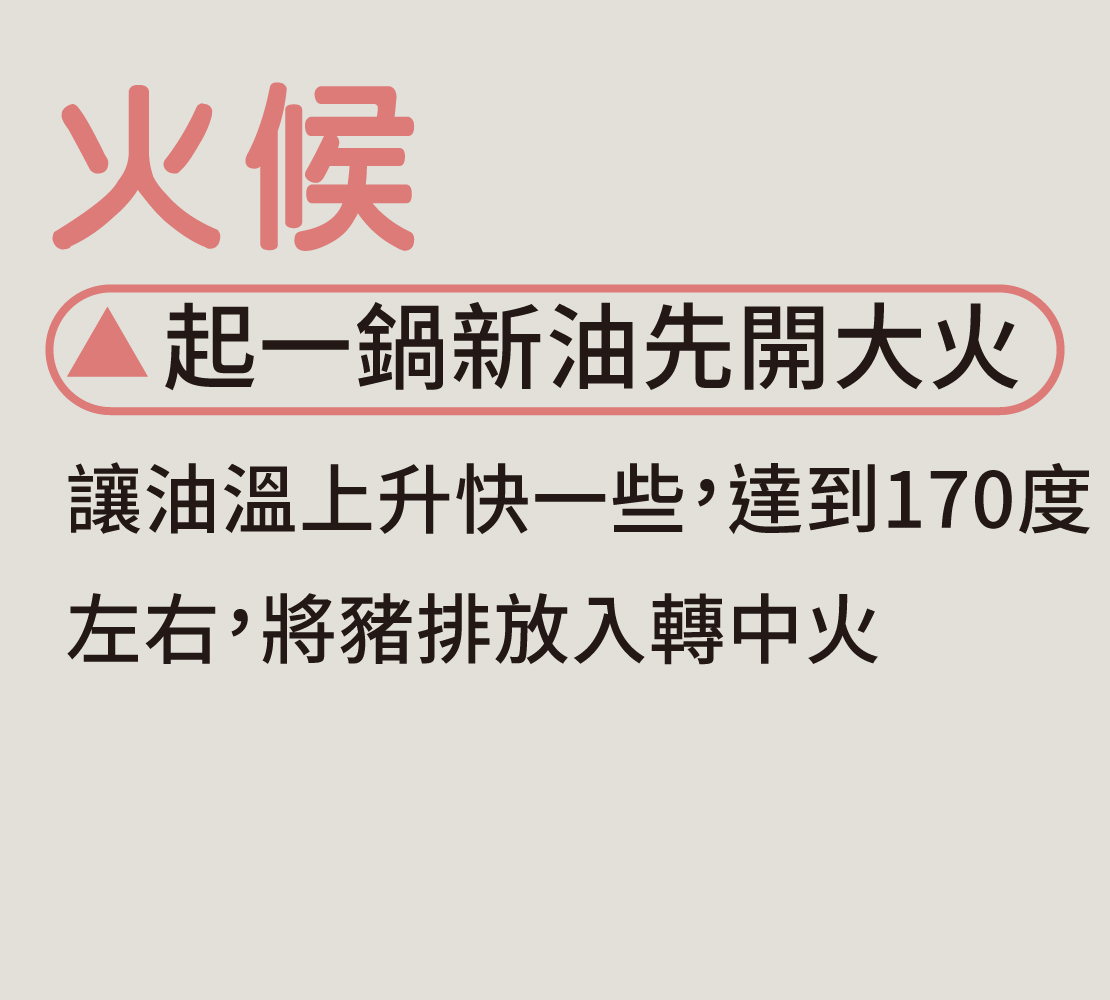 火候與時間掌控：  1. 起一鍋新油時可先開大火，讓油溫上升快一些，達到170度左右，將豬排放入轉中火。  豬排厚度1公分約炸3分鐘；2公分炸4分鐘，炸到表面金黃就代表內部也熟了。