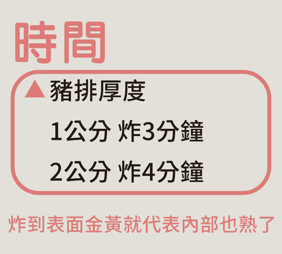 豬排酥脆度小技巧：  1. 搶酥：將炸好的豬排放入約180度的油裡短時間炸，可將多餘的油逼出，炸物會更酥脆  2. 厚度1公分豬排，炸至金黃色時，將爐火開至大火，再炸30-60秒取出。(豬排要離開油鍋再關火)  3. 若一次要炸很多片豬排，建議每批先炸至金黃色取出靜置，最後再轉大火，將炸好的豬排再次放入炸鍋搶酥。