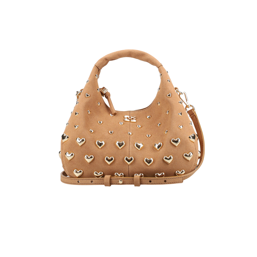 1FF0101-393 [GANNI] Hobo Mini Heart Stud Suede Crossbody Brown (SS26) #B2070029 (B-EU-E)