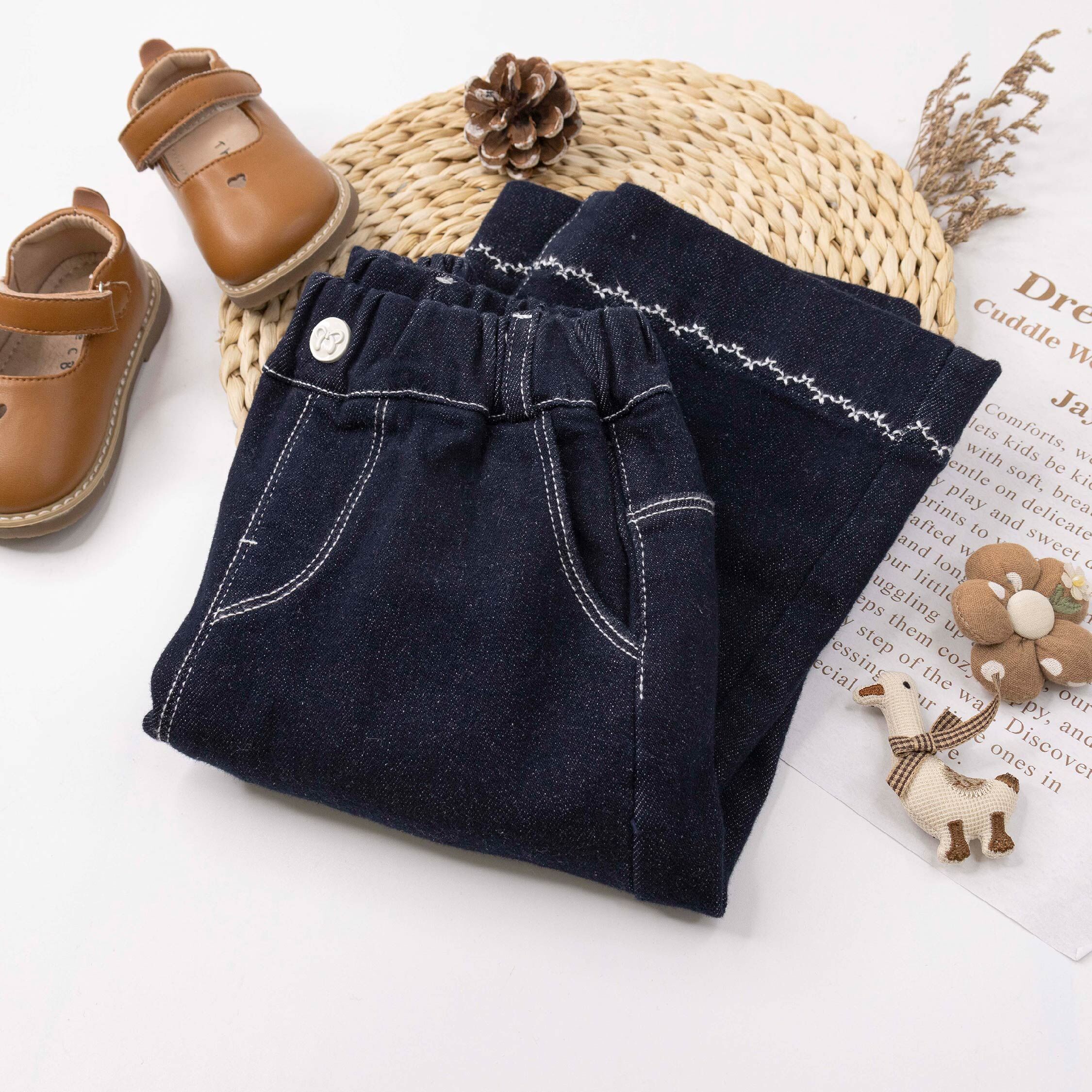 【H55902】質感紋路刺繡內磨毛長褲