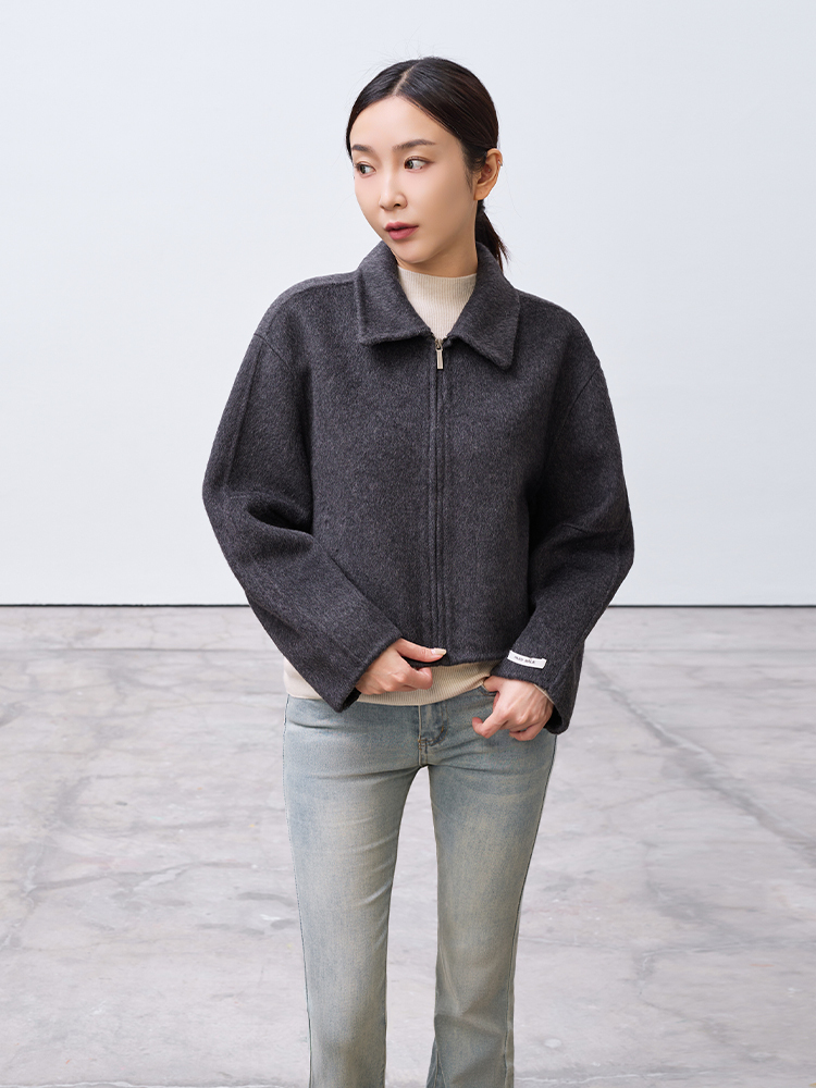 Cute!手工製翻領短版拉鍊外套（羊毛70%）