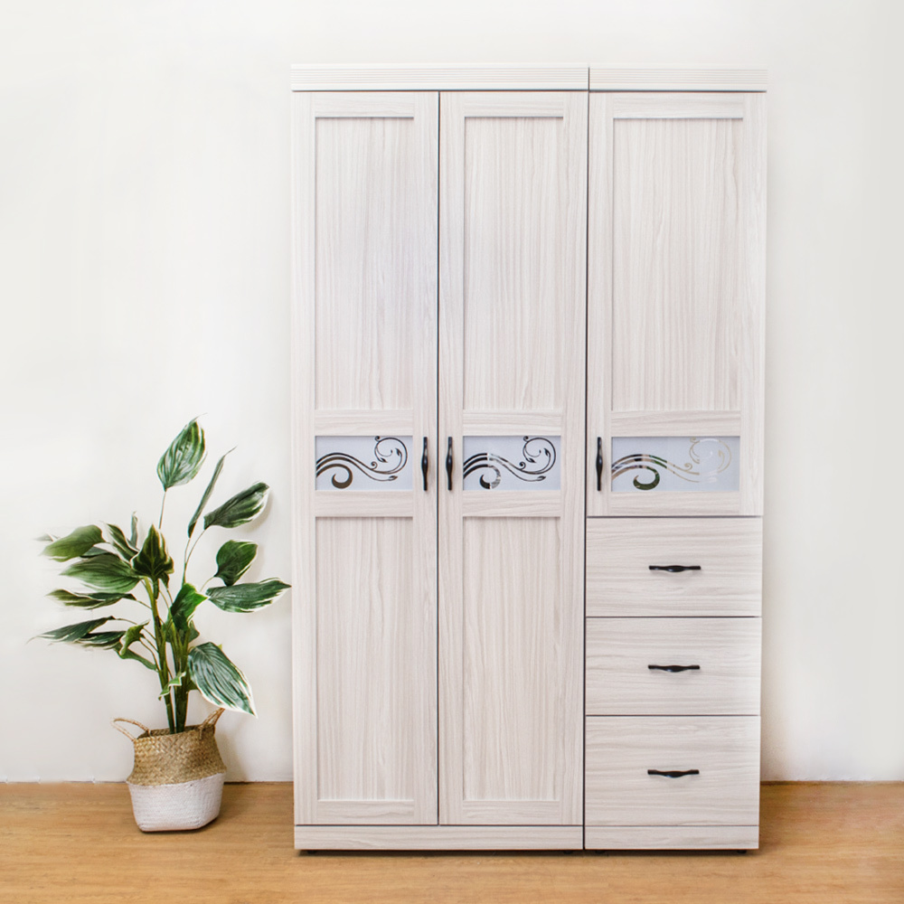 維卡斯4尺三門三抽衣櫃(三抽+單吊)