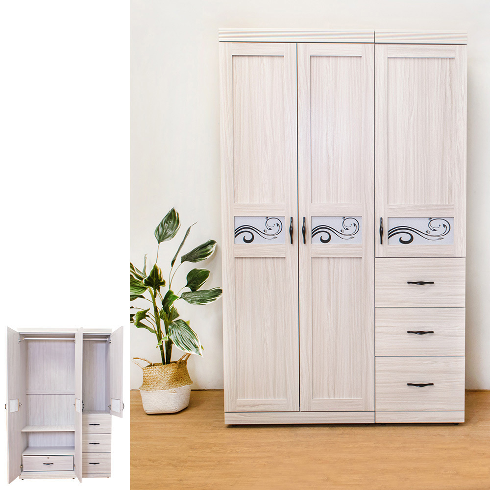 維卡斯4尺三門三抽衣櫃(三抽+單吊)