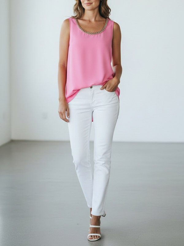 Nº21 銀鍊造型V領絲背心 (粉紅)