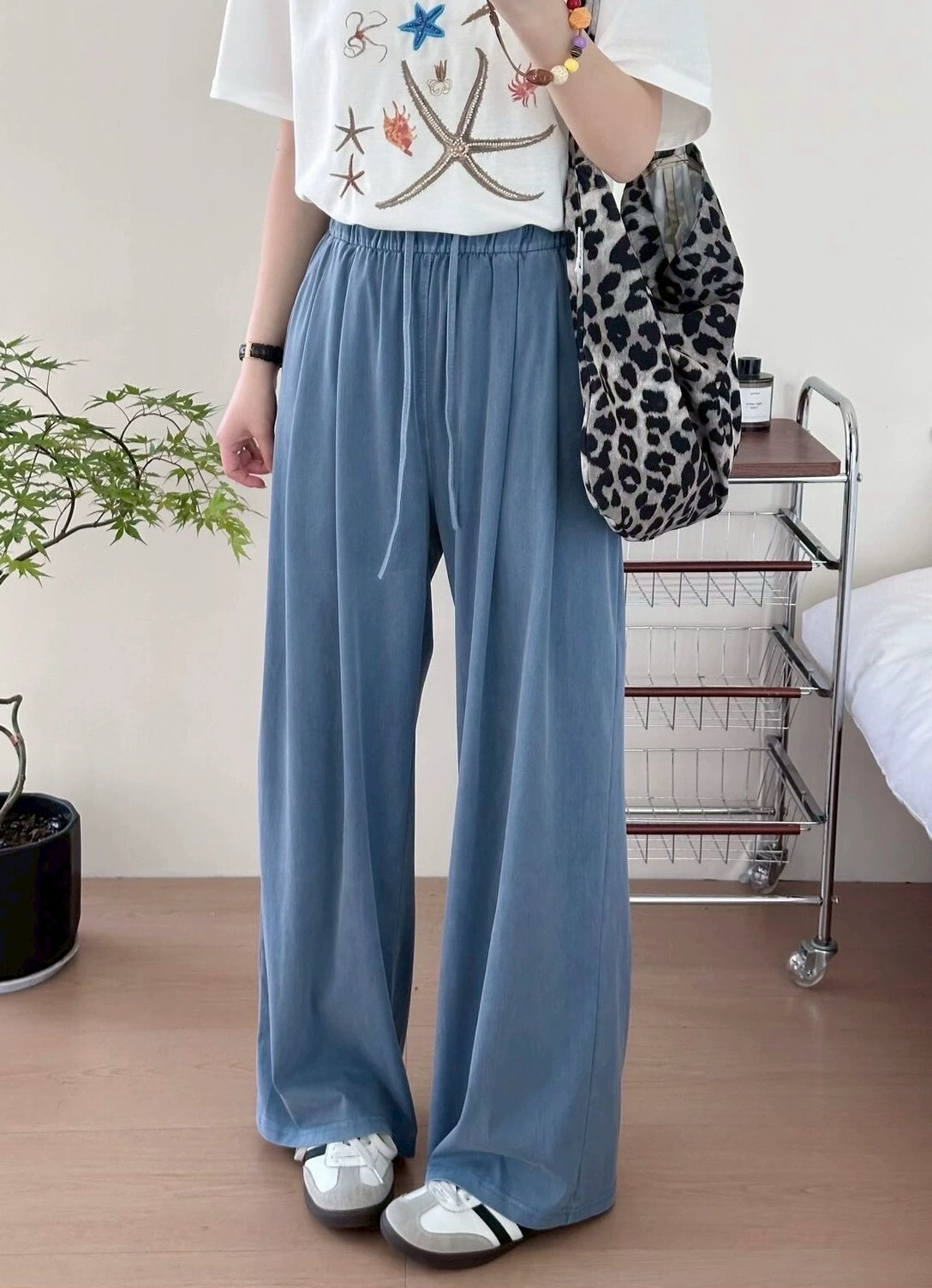 抽繩鬆緊天絲牛仔寬褲