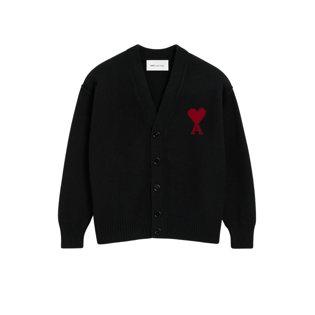 1FF0101-220 [AMI PARIS] Wool Cardigan With Contrasted Ami De Coeur Black (SS26) #UKC367.018.009 (C-EU-E)