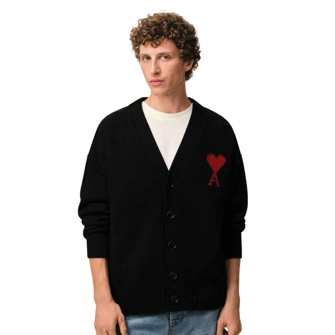 1FF0101-220 [AMI PARIS] Wool Cardigan With Contrasted Ami De Coeur Black (SS26) #UKC367.018.009 (C-EU-E)