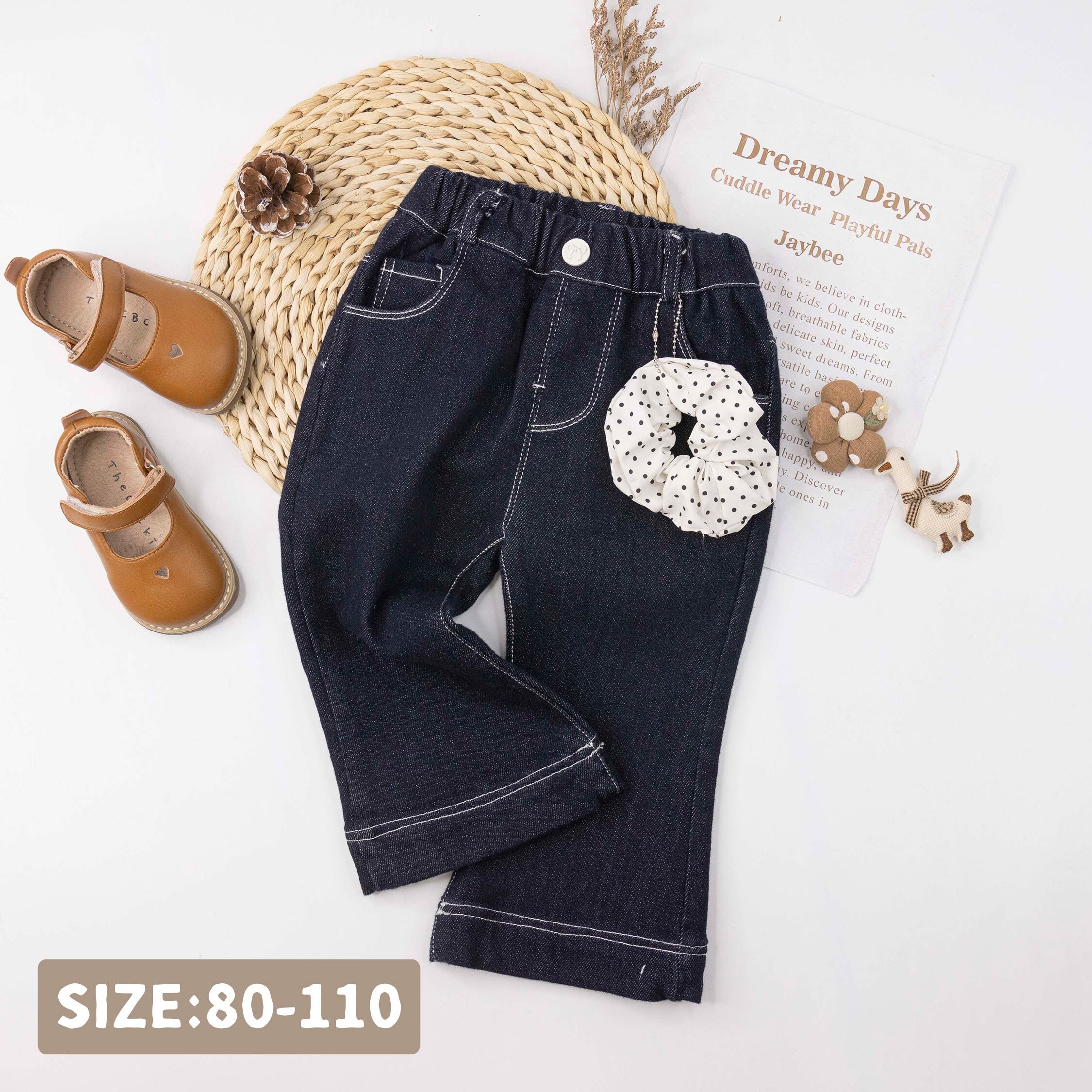 【H55904】流行微喇叭內磨毛牛仔褲(附髮圈)