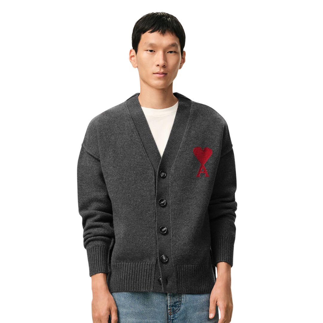 1FF0101-221 [AMI PARIS] Wool Cardigan With Contrasted Ami De Coeur Grey (SS26) #UKC367.018.084 (C-EU-E)