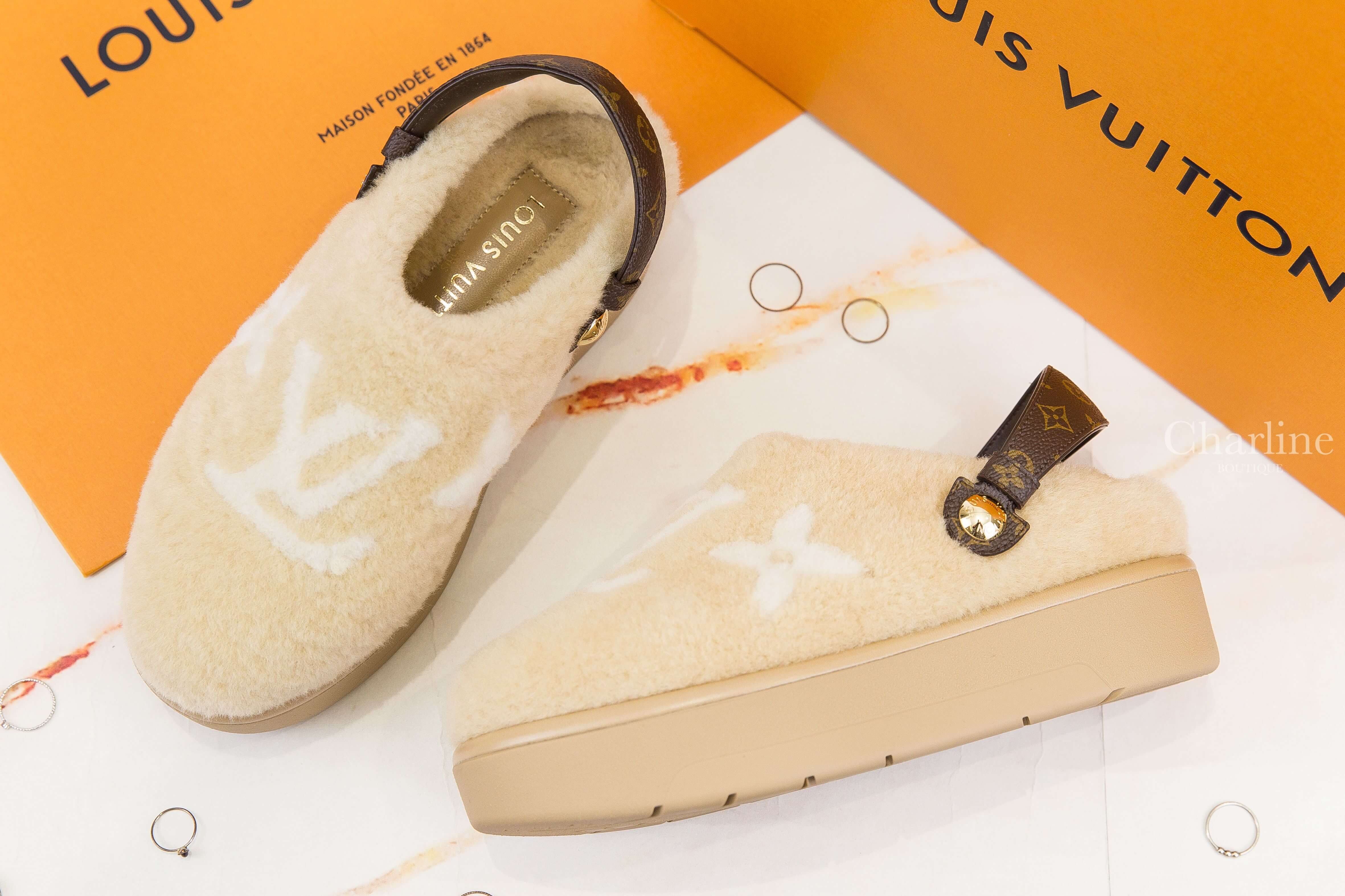 Louis Vuitton Aspen Platform Closed Mule 自然色底白色老花綿羊毛咖啡色老花絆帶厚底穆勒鞋-Charline Boutique 精品代購