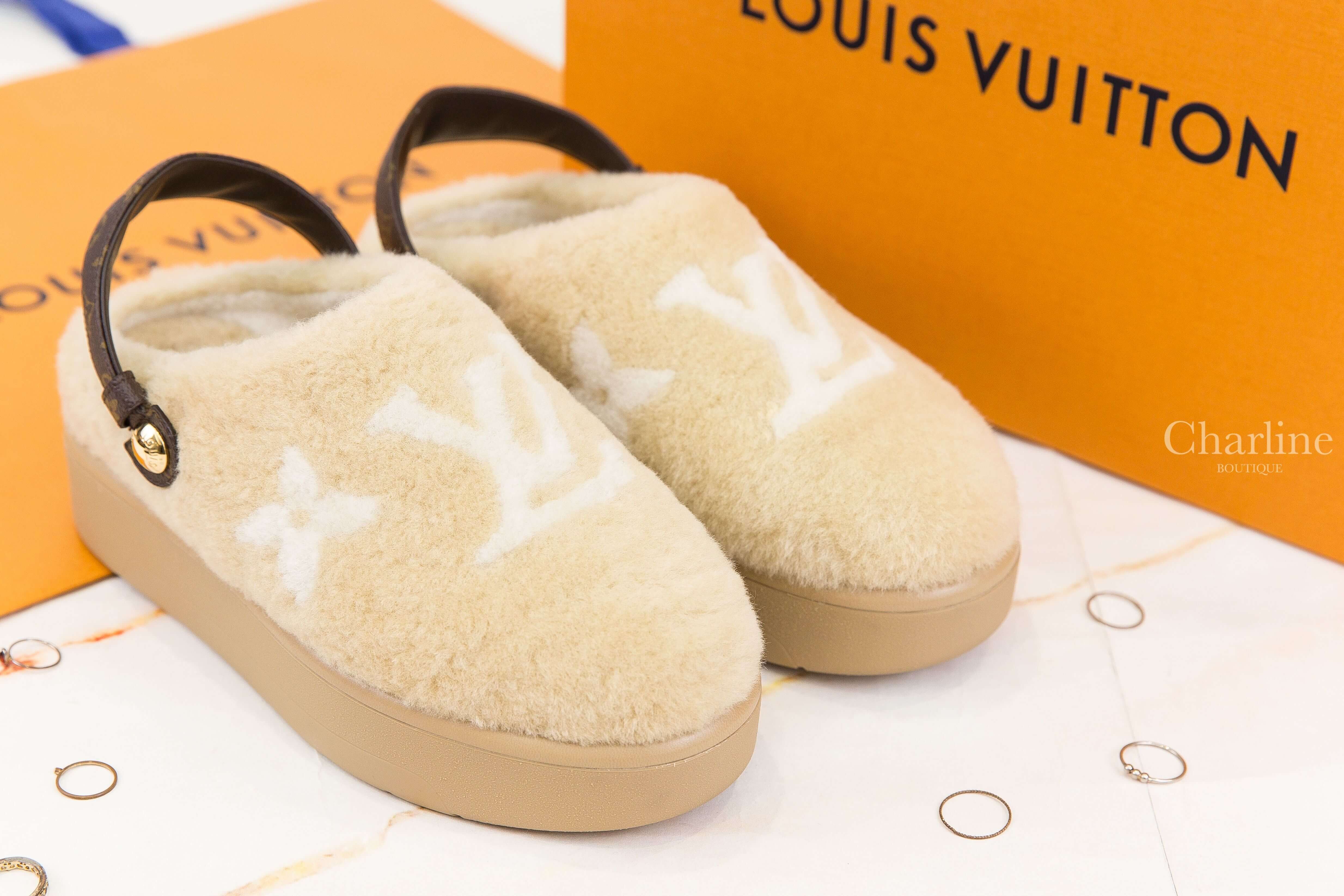 Louis Vuitton Aspen Platform Closed Mule 自然色底白色老花綿羊毛咖啡色老花絆帶厚底穆勒鞋