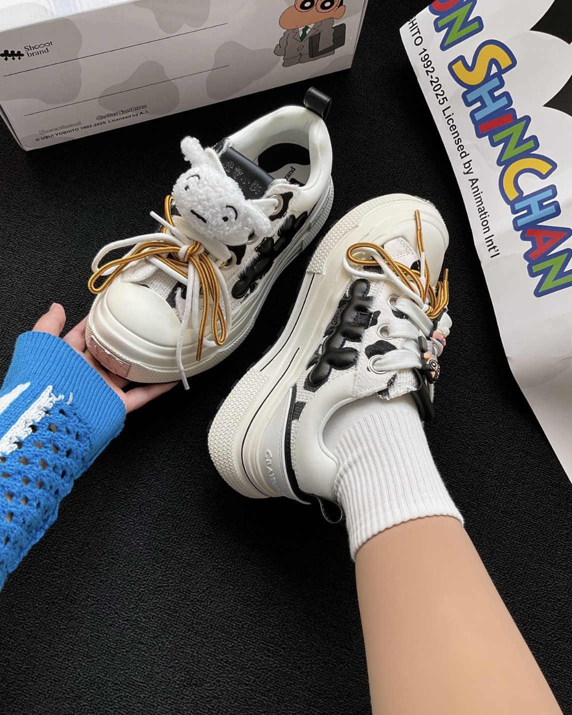 SHOOT BRAND x 蠟筆小新 厚底 增高 乳牛紋 白色