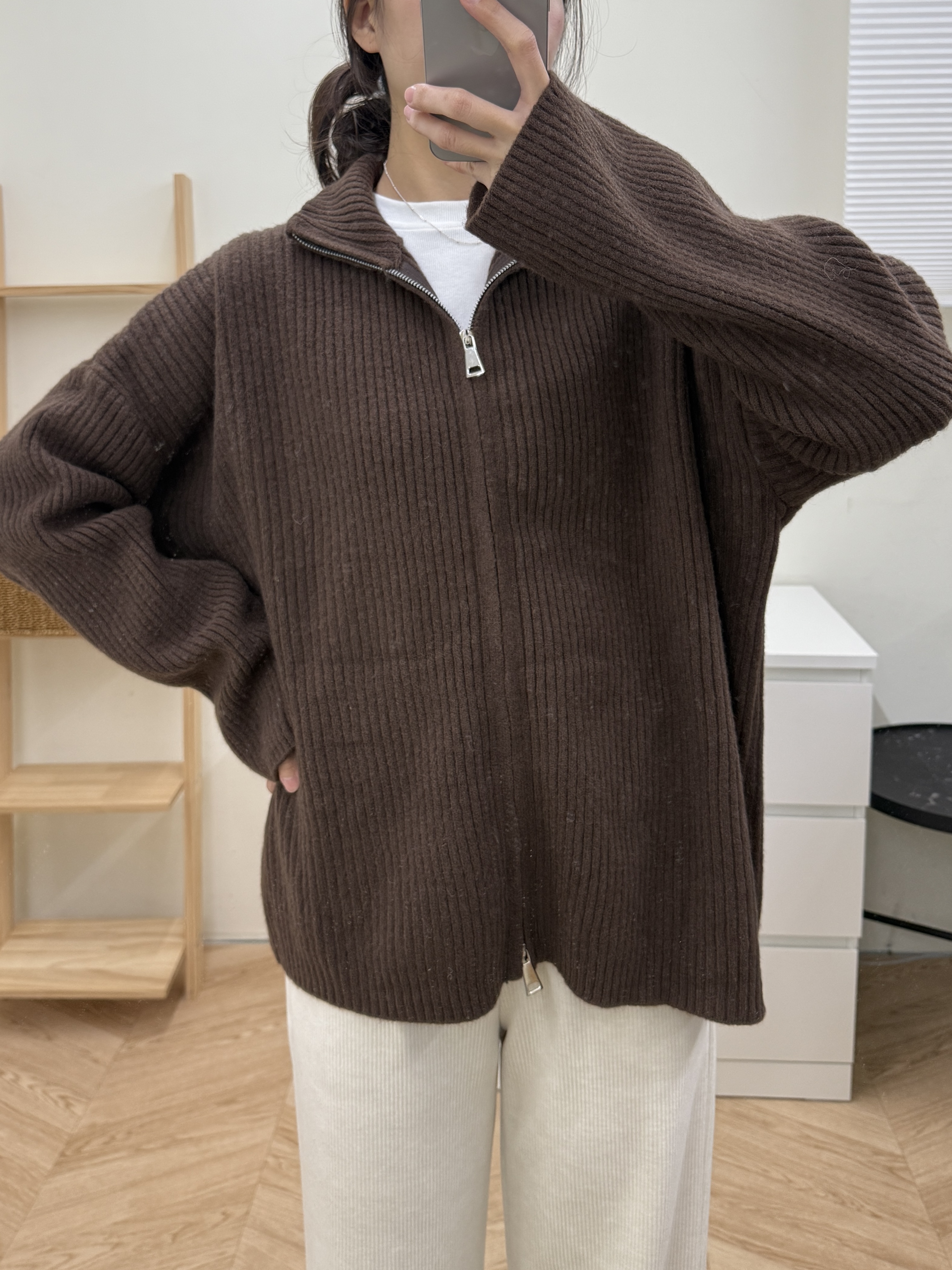 坑條雙拉鍊毛衣外套