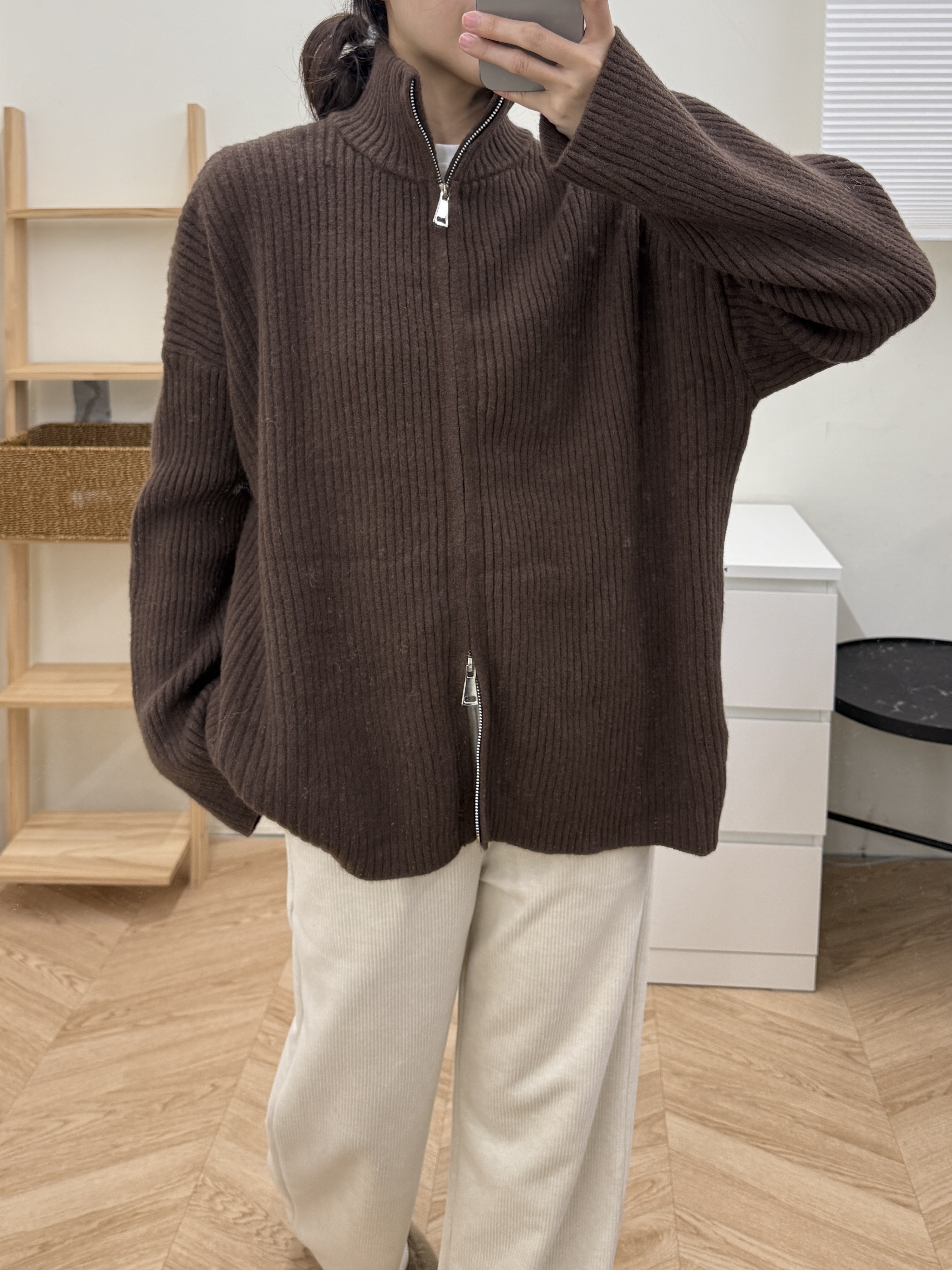 坑條雙拉鍊毛衣外套