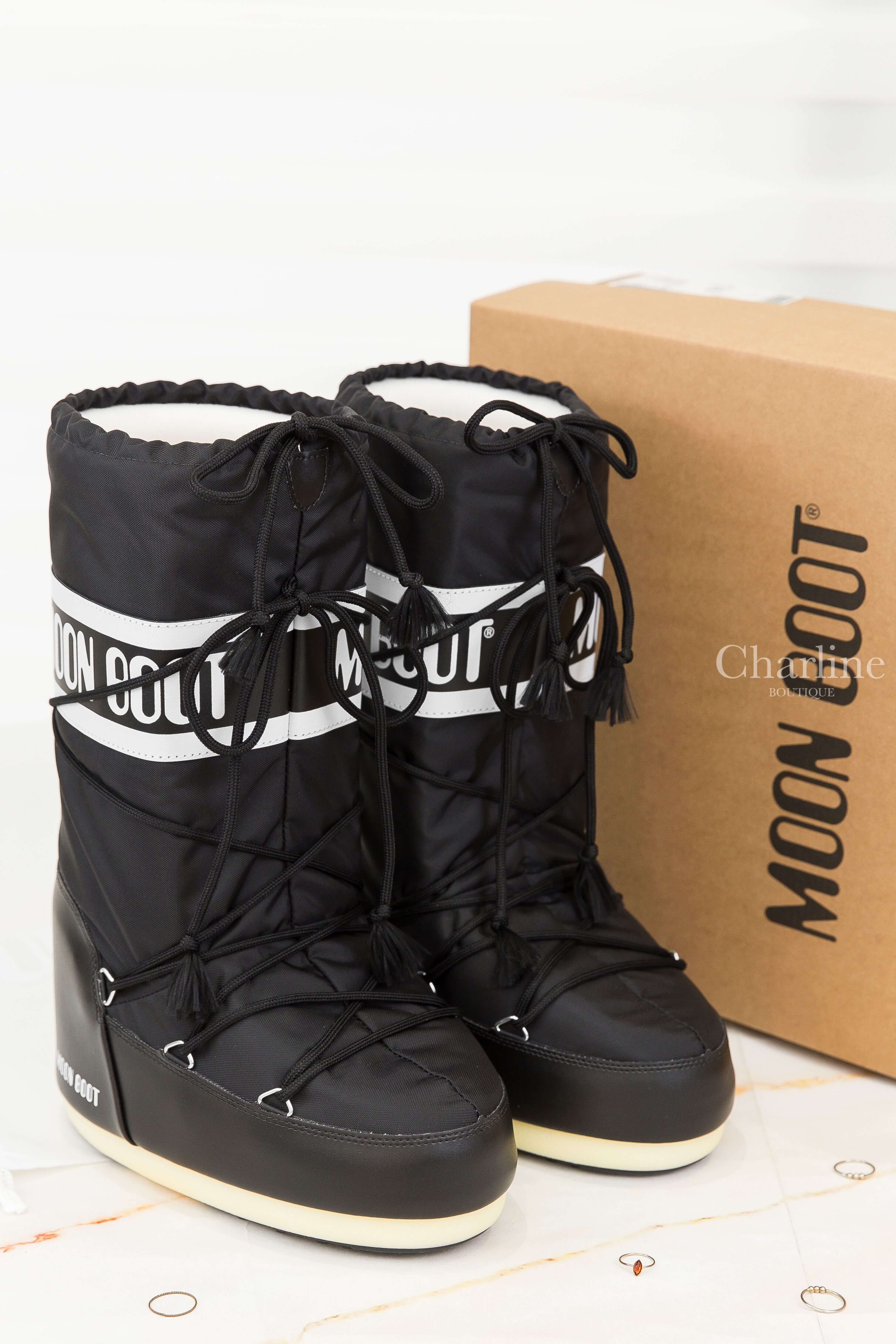 Moon Boot Icon Black Nylon Boots 黑色尼龍白字抽繩高筒雪靴-Charline Boutique 精品代購