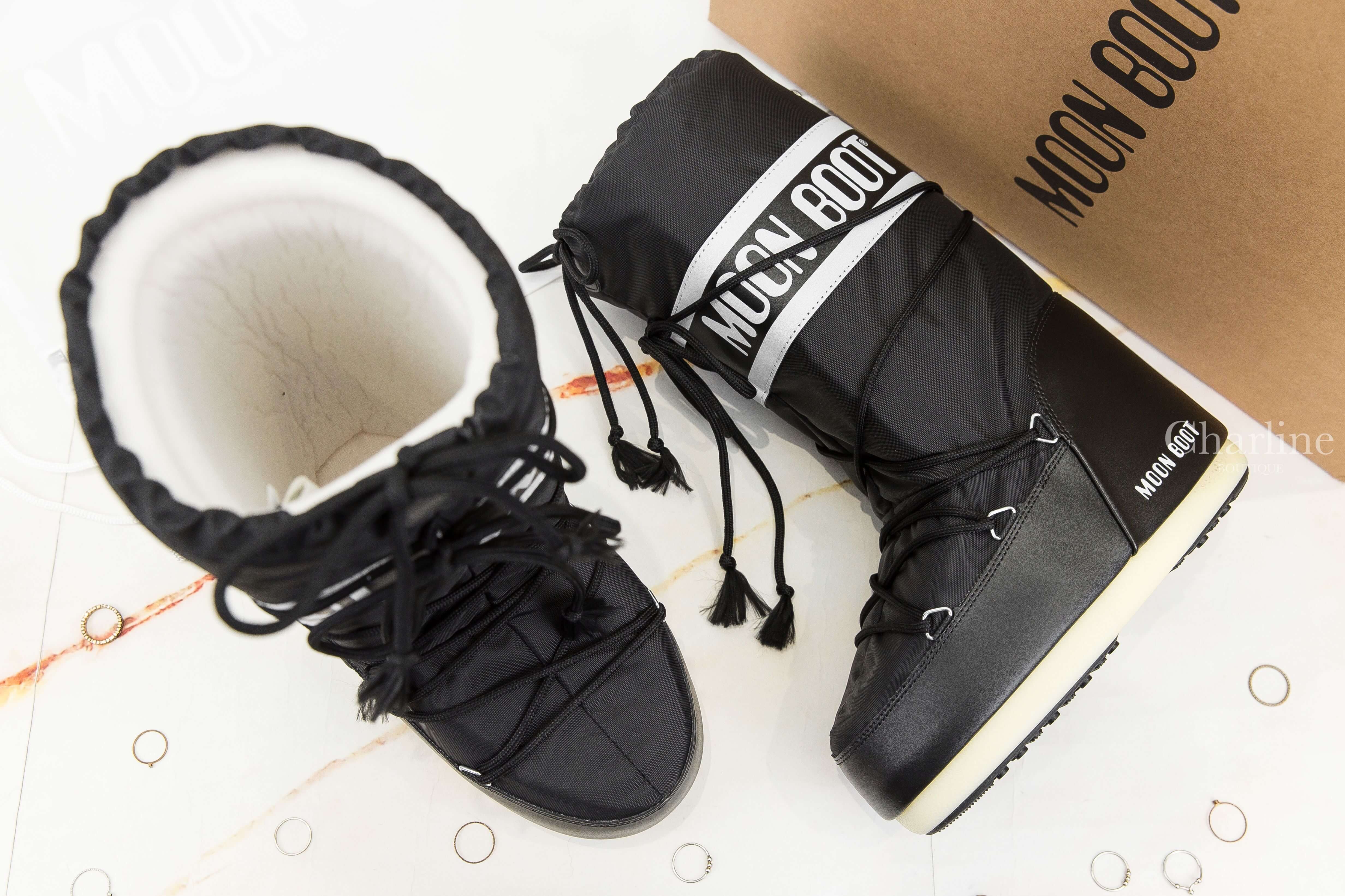 Moon Boot Icon Black Nylon Boots 黑色尼龍白字抽繩高筒雪靴-Charline Boutique 精品代購