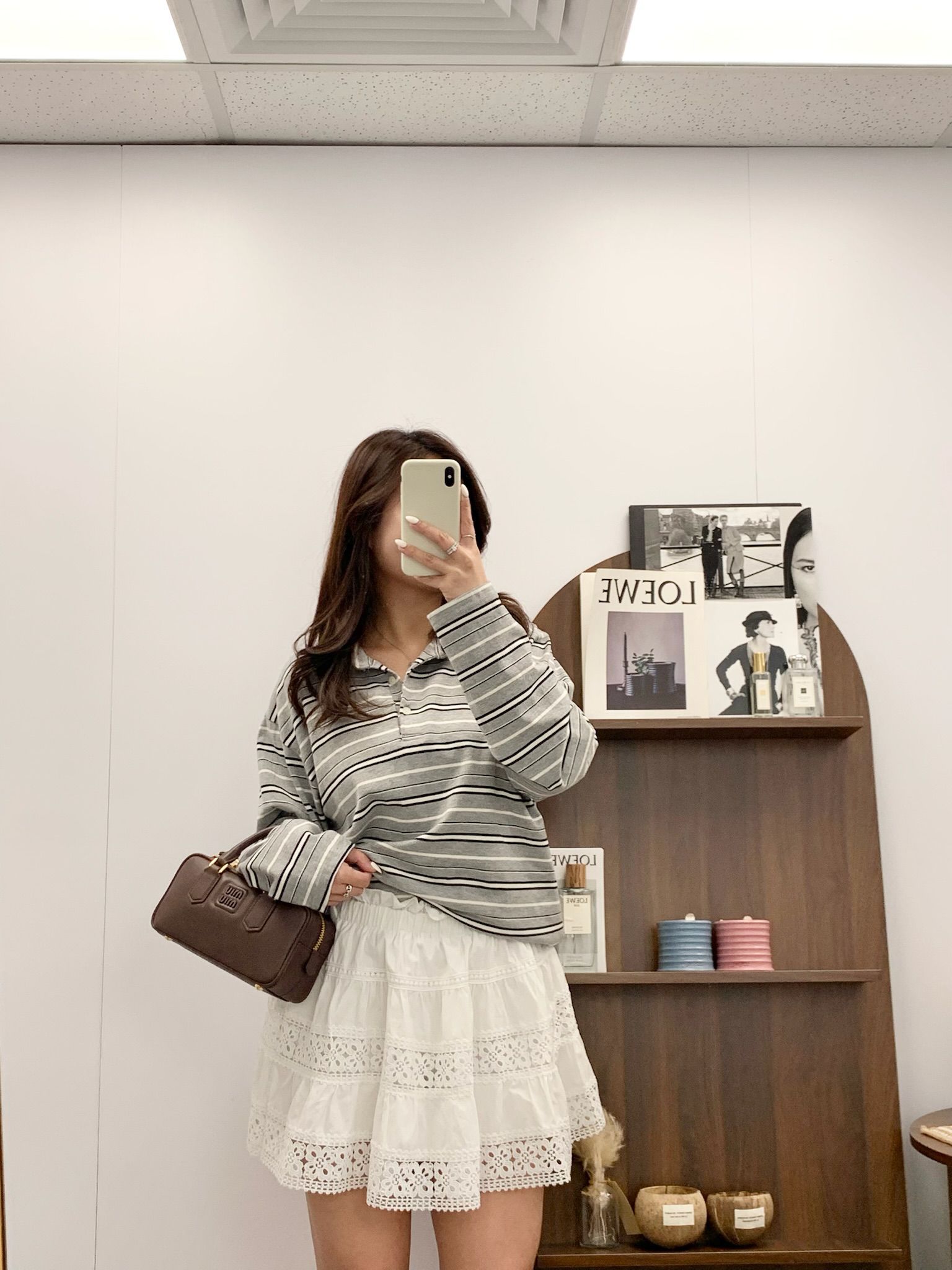 復古風Polo橫間長袖上衣(灰白)