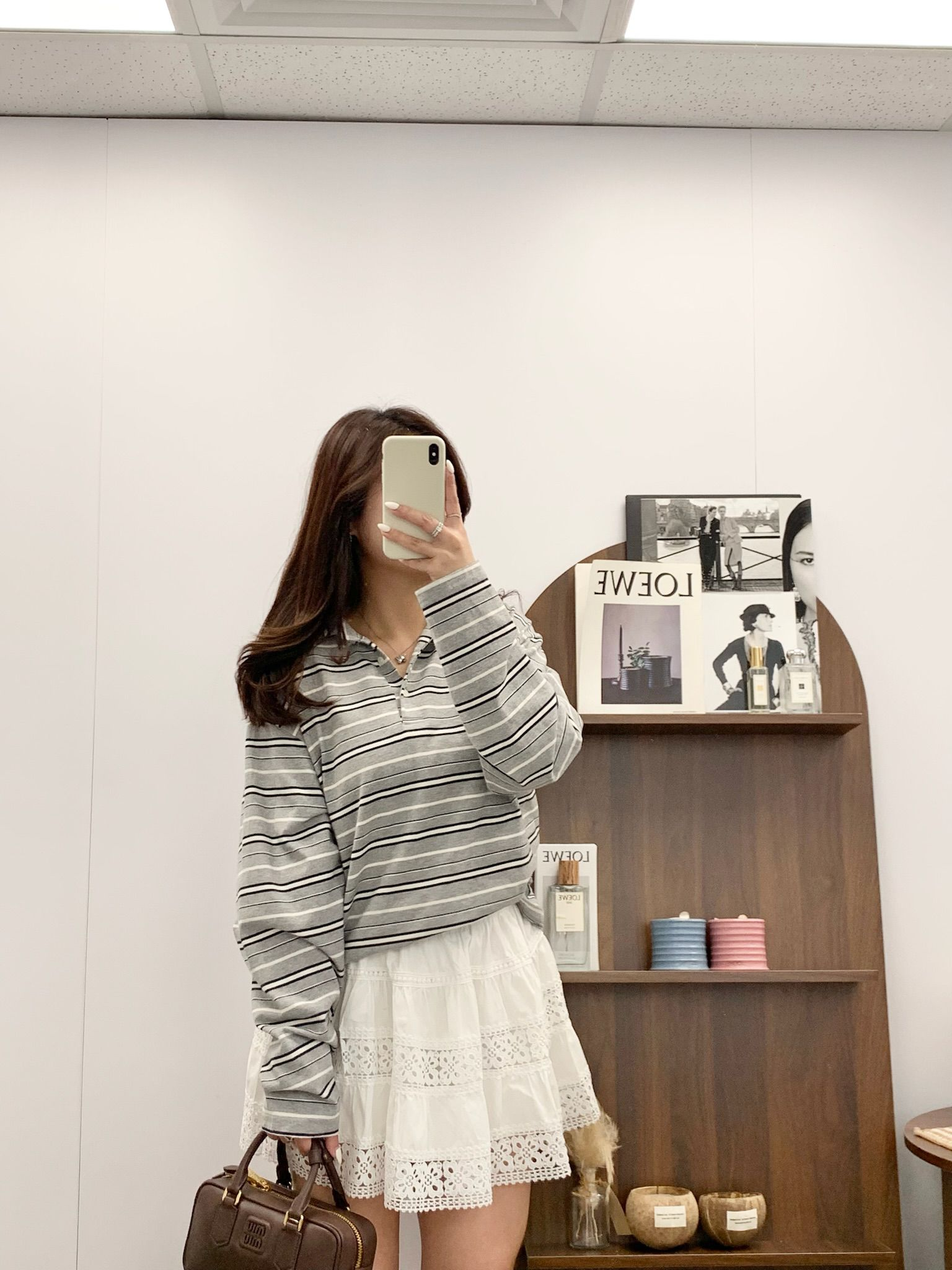 復古風Polo橫間長袖上衣(灰白)