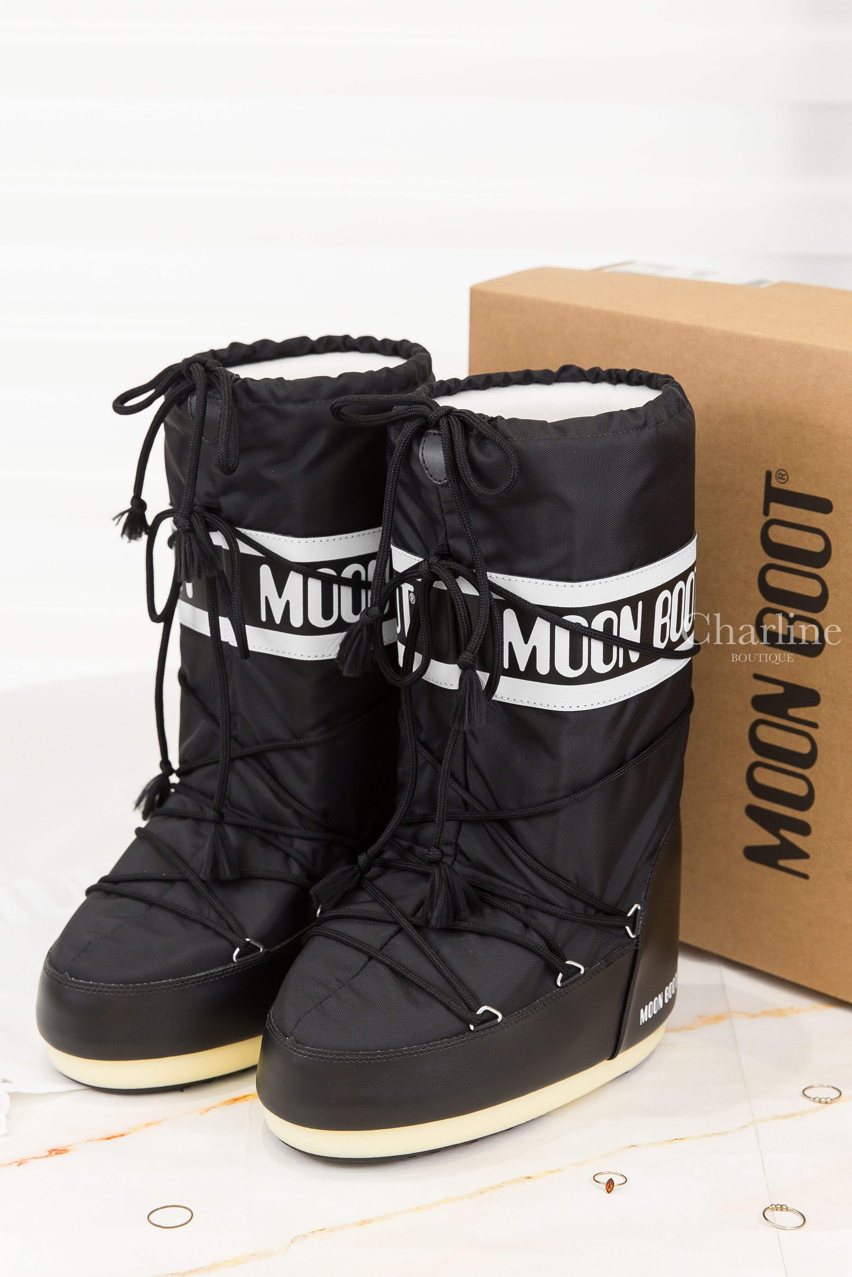 Moon Boot Icon Black Nylon Boots 黑色尼龍白字抽繩高筒雪靴-Charline Boutique 精品代購