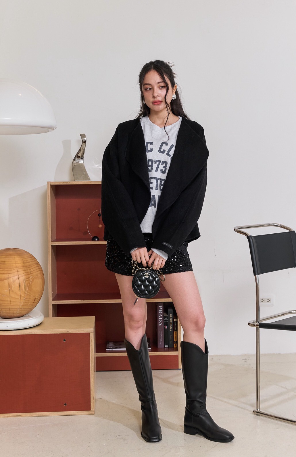 開襟手工羊毛短大衣_AMISSA（黑）