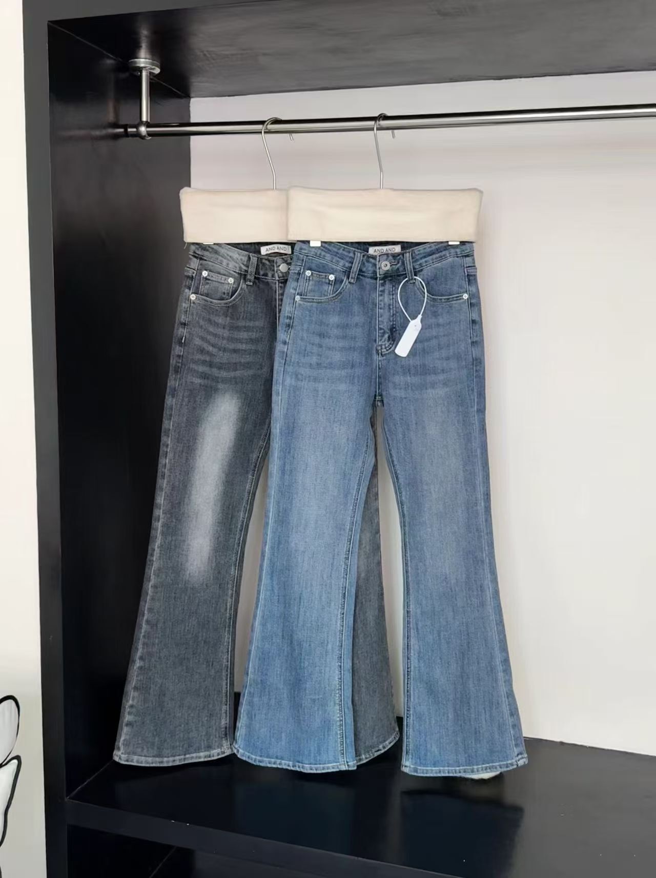 IB938-刷色牛仔喇叭褲