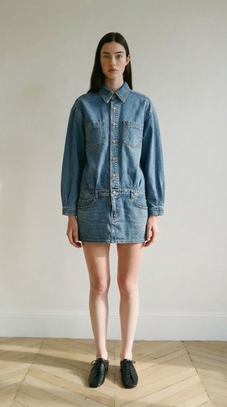 雙口袋收腰翻領造型牛仔短洋裝 / 2色