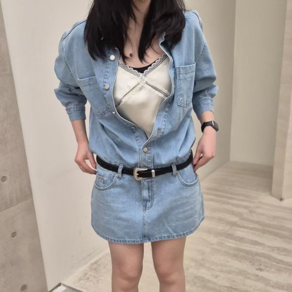 雙口袋收腰翻領造型牛仔短洋裝 / 2色