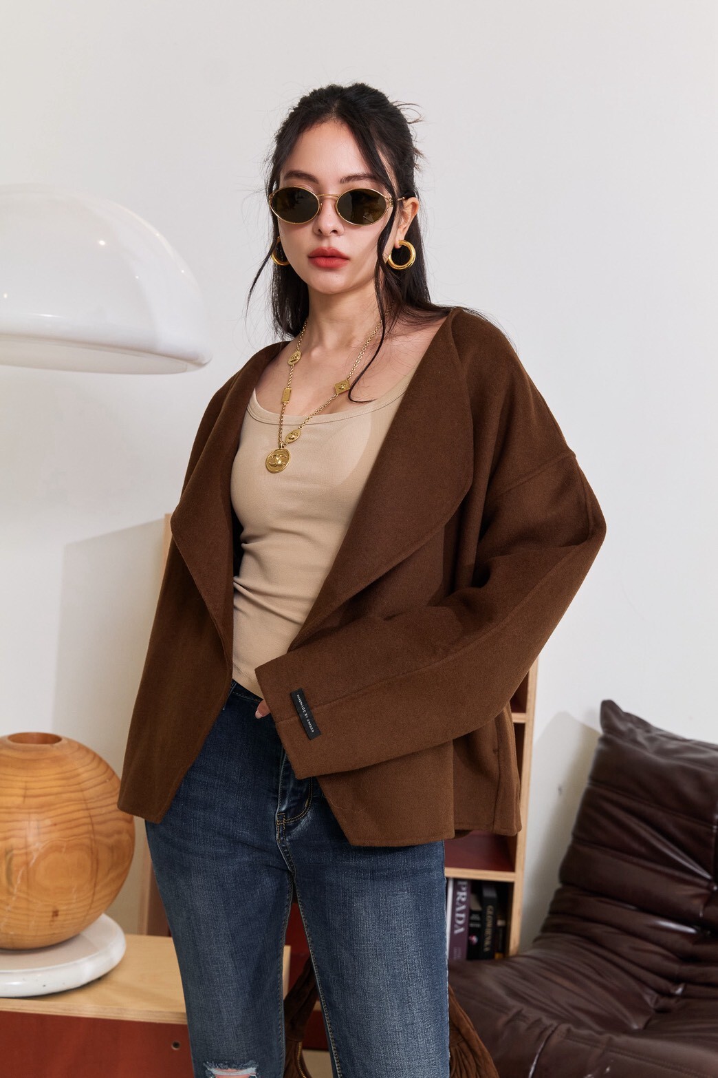 開襟手工羊毛短大衣_AMISSA（咖）