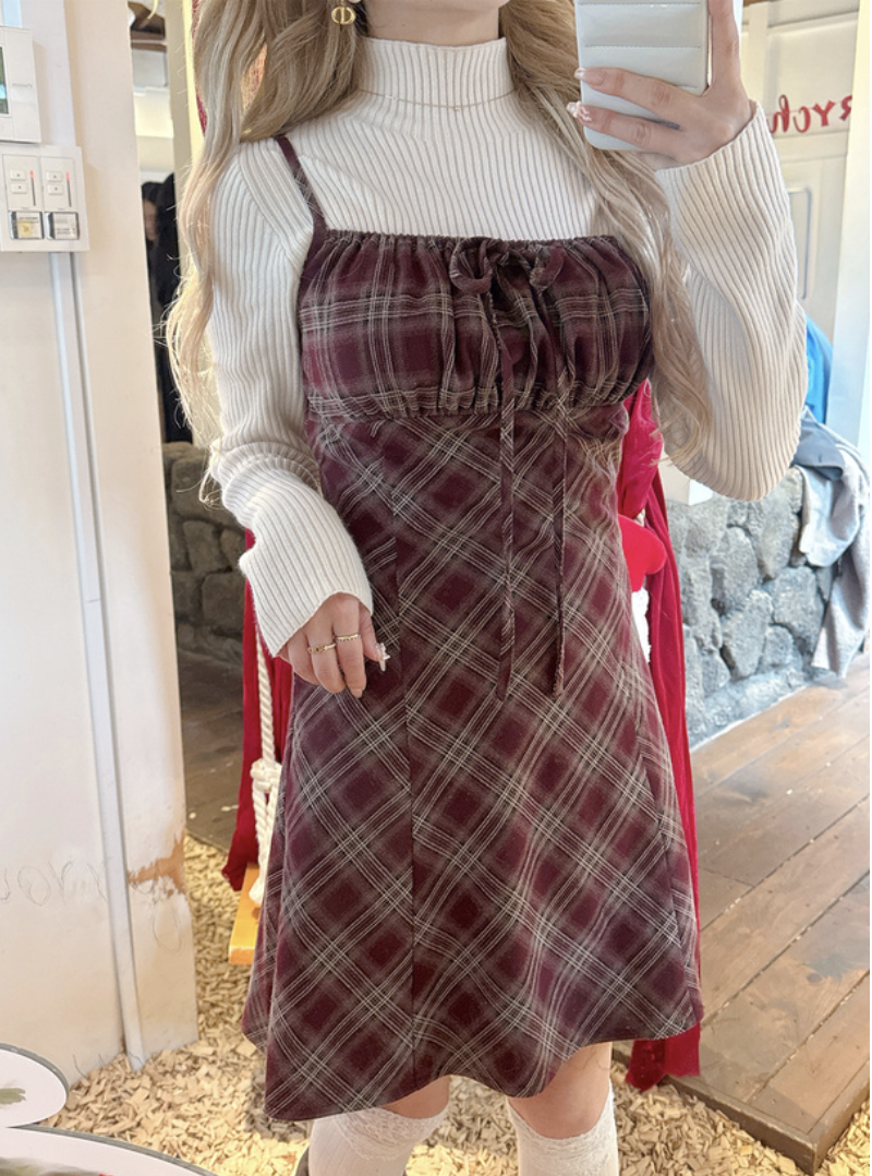 （停產） JP1178｜低調暗紅🍷🍓束胸蝴蝶結格紋OPS