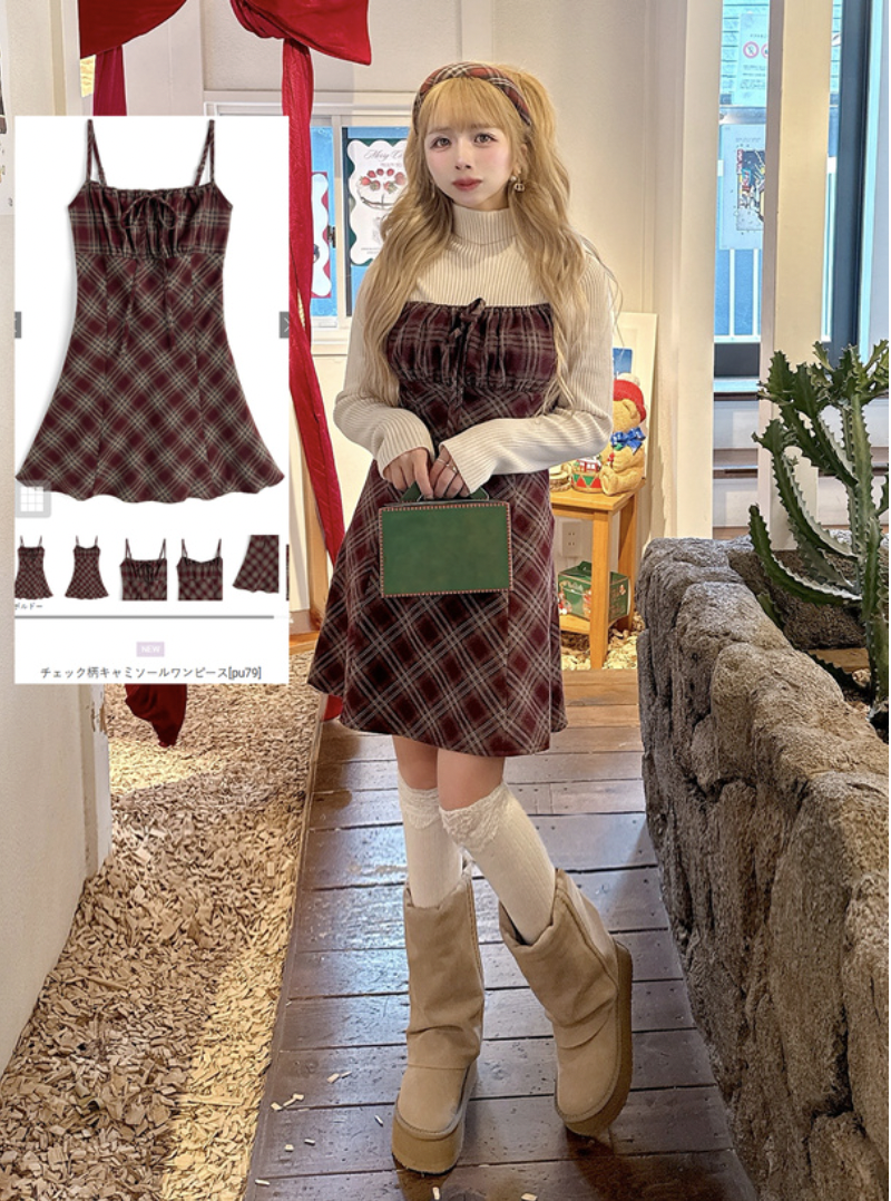 （停產） JP1178｜低調暗紅🍷🍓束胸蝴蝶結格紋OPS