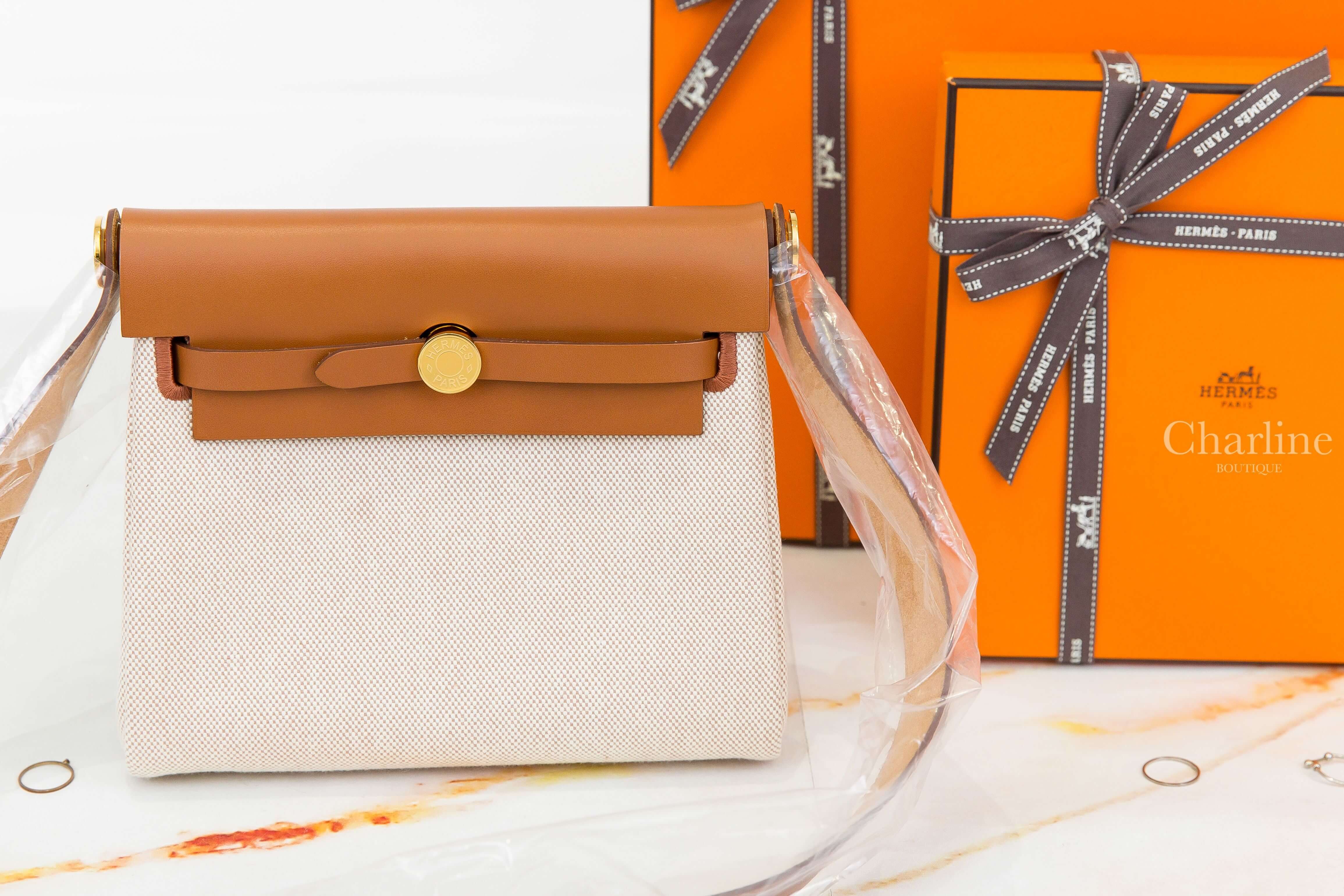 Hermès Herbag Zip 20 Bag Toile Militaire / Hunter Cowhide 米色帆布拼淺褐色皮革金釦迷你手提肩背包
