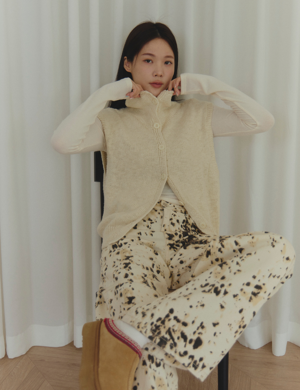 高領排扣針織背心（2尺寸）