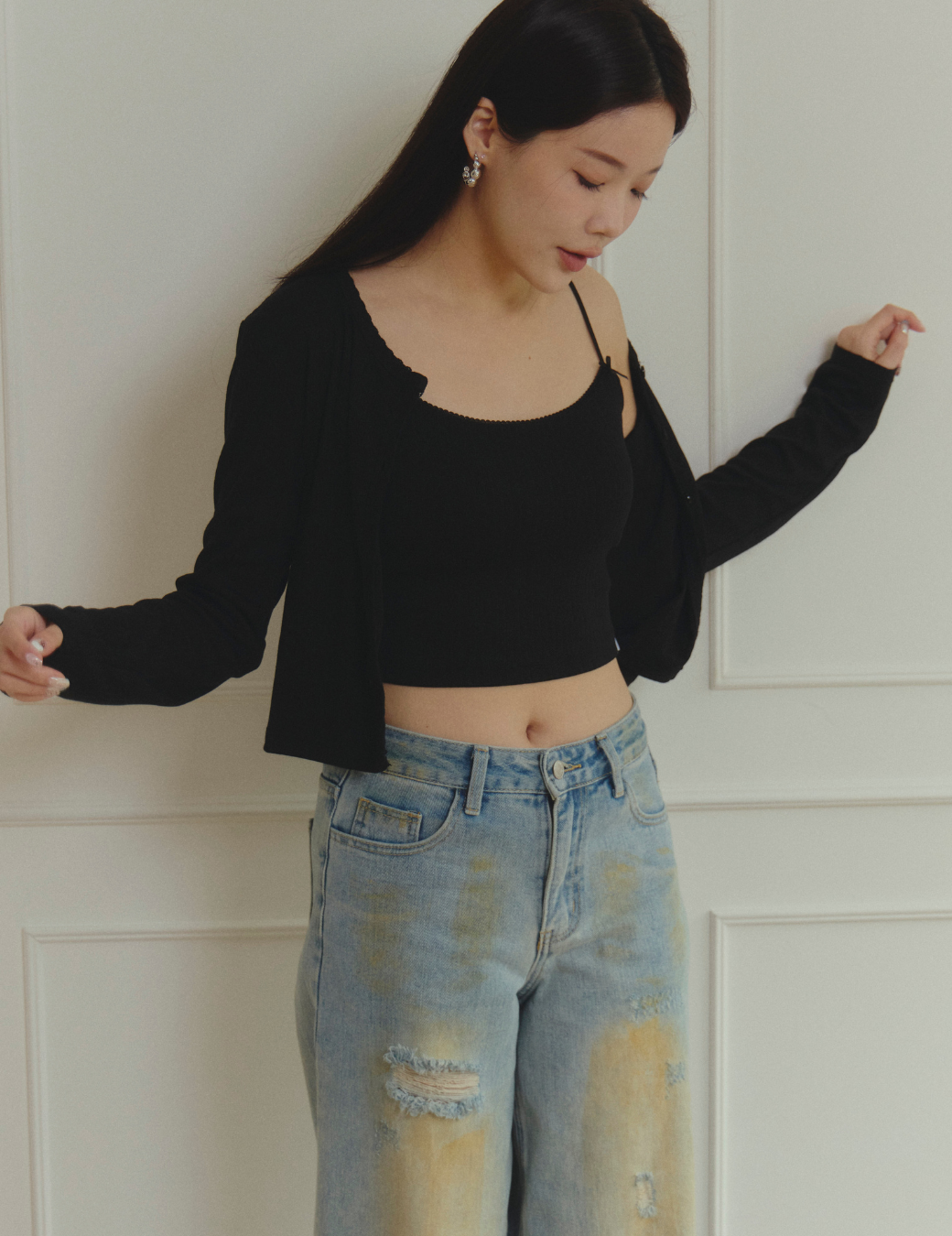 小花邊坑條Bra Top背心兩件組（黑色/3尺寸）