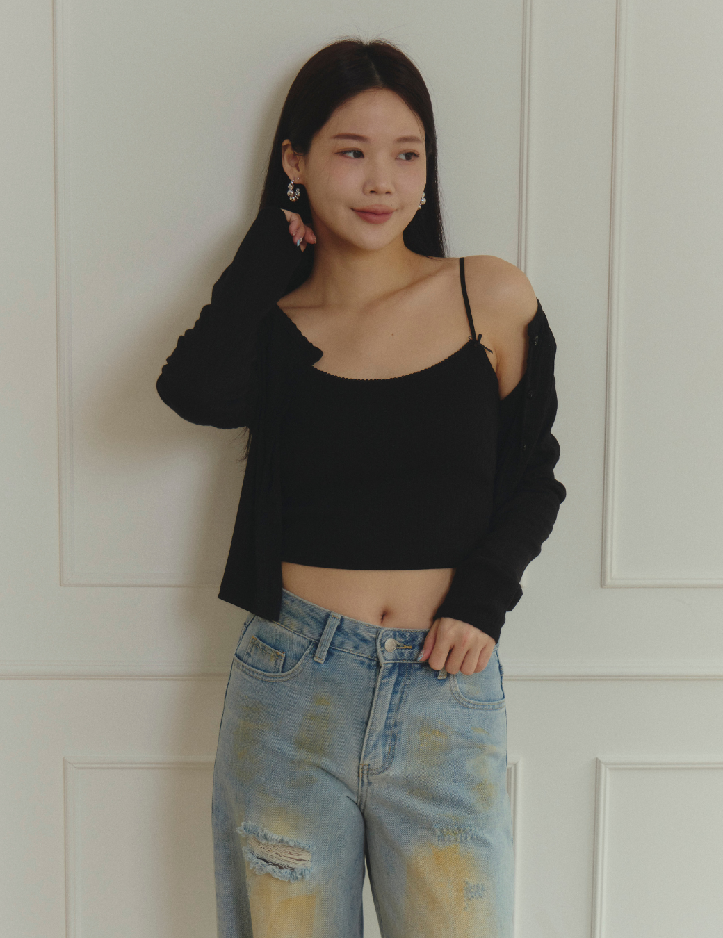 小花邊坑條Bra Top背心兩件組（黑色/3尺寸）