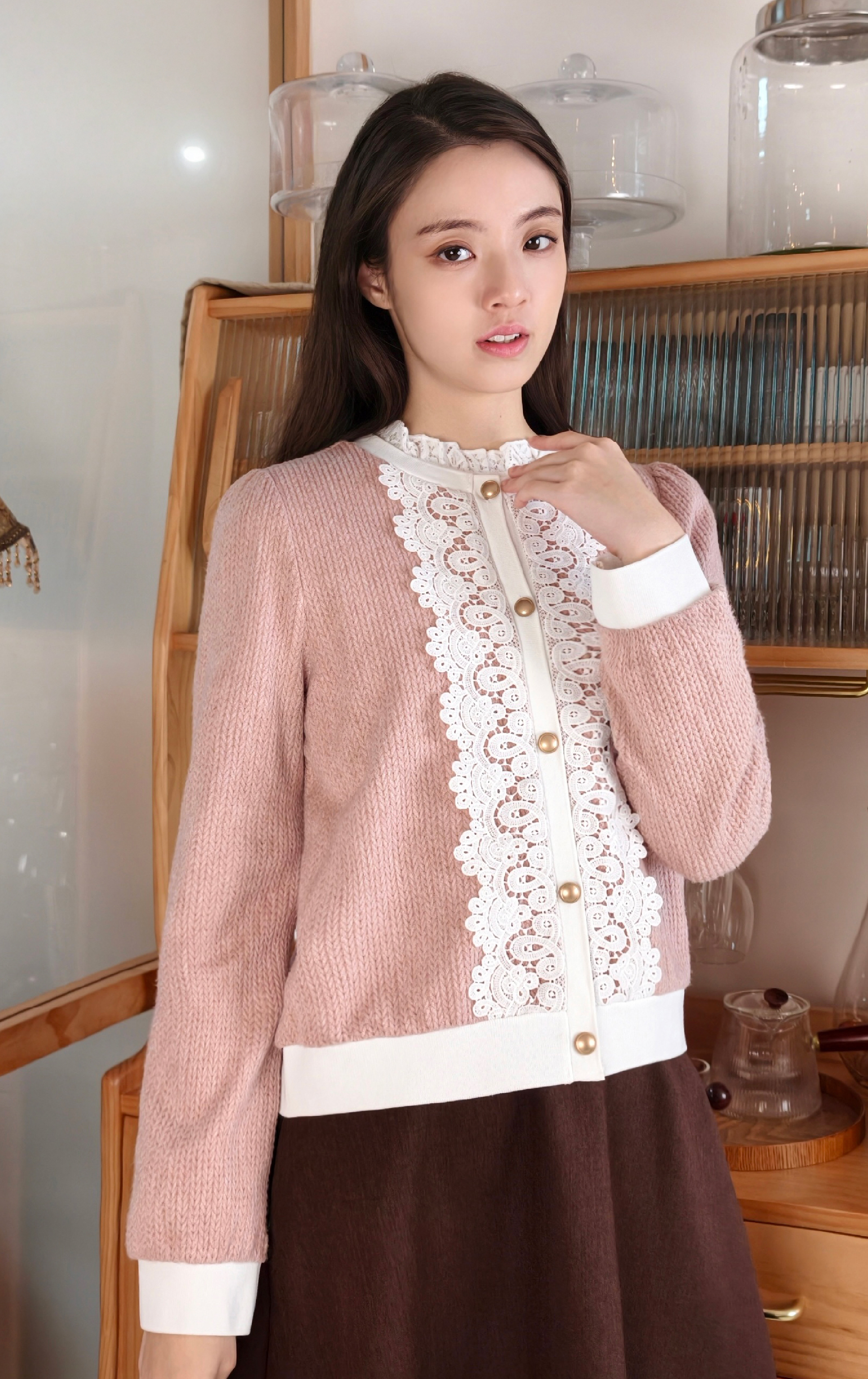 Lace-trimmed Knit Cardigan CD0628