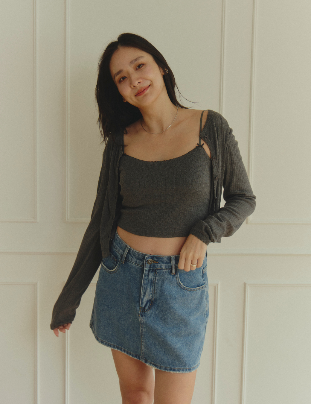 小花邊坑條Bra Top背心兩件組（深灰色/3尺寸）