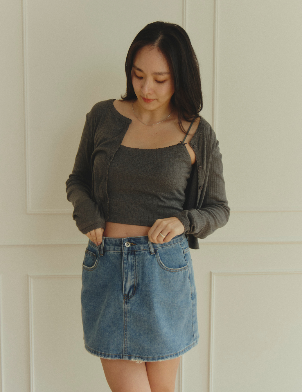 小花邊坑條Bra Top背心兩件組（深灰色/3尺寸）