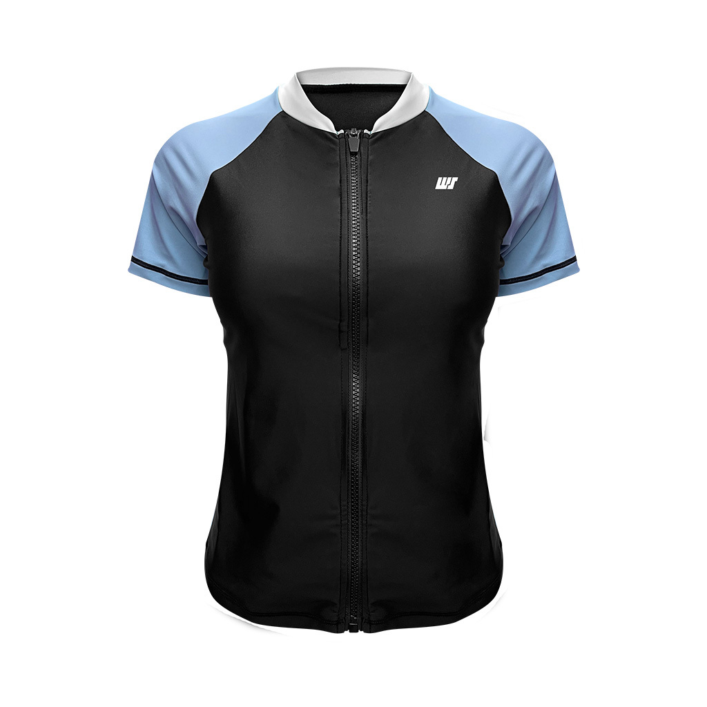 Women's S/S Zip Up Rash Top with Sport Bra - Black/Light Blue