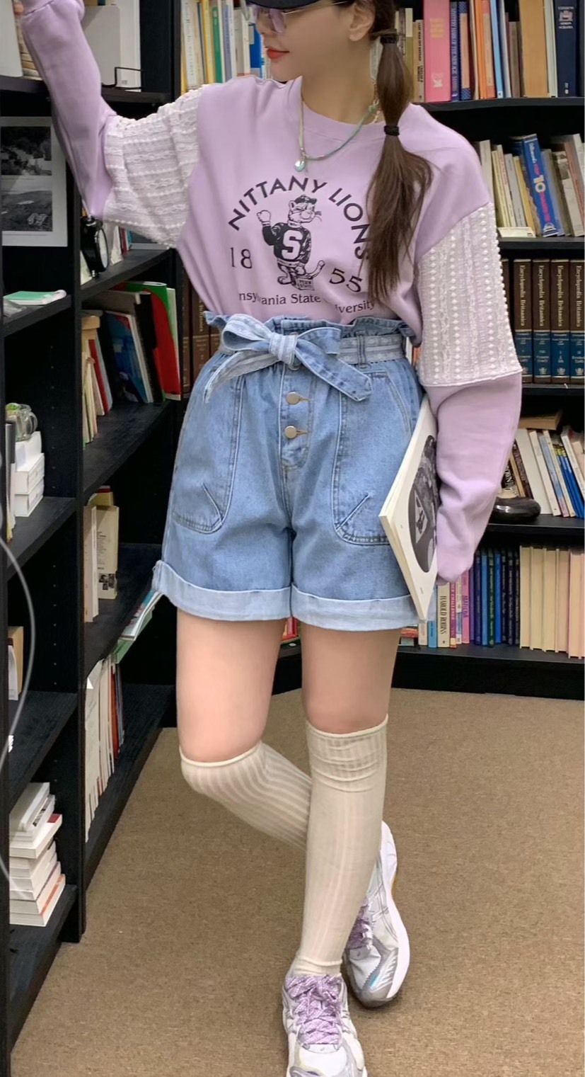 蕾絲綁帶牛仔排釦短褲