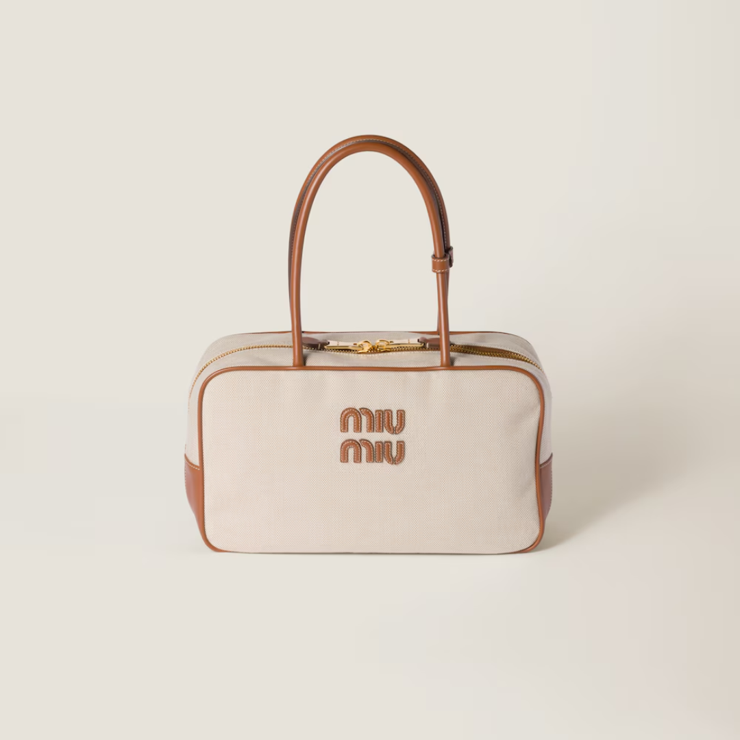 1FF0101-283 [MIU MIU] Beau Canvas And Leather Bag Beige/Brandy (SS26) #5BB163_ACRN_F062F_V_OOO (B-EU-E)