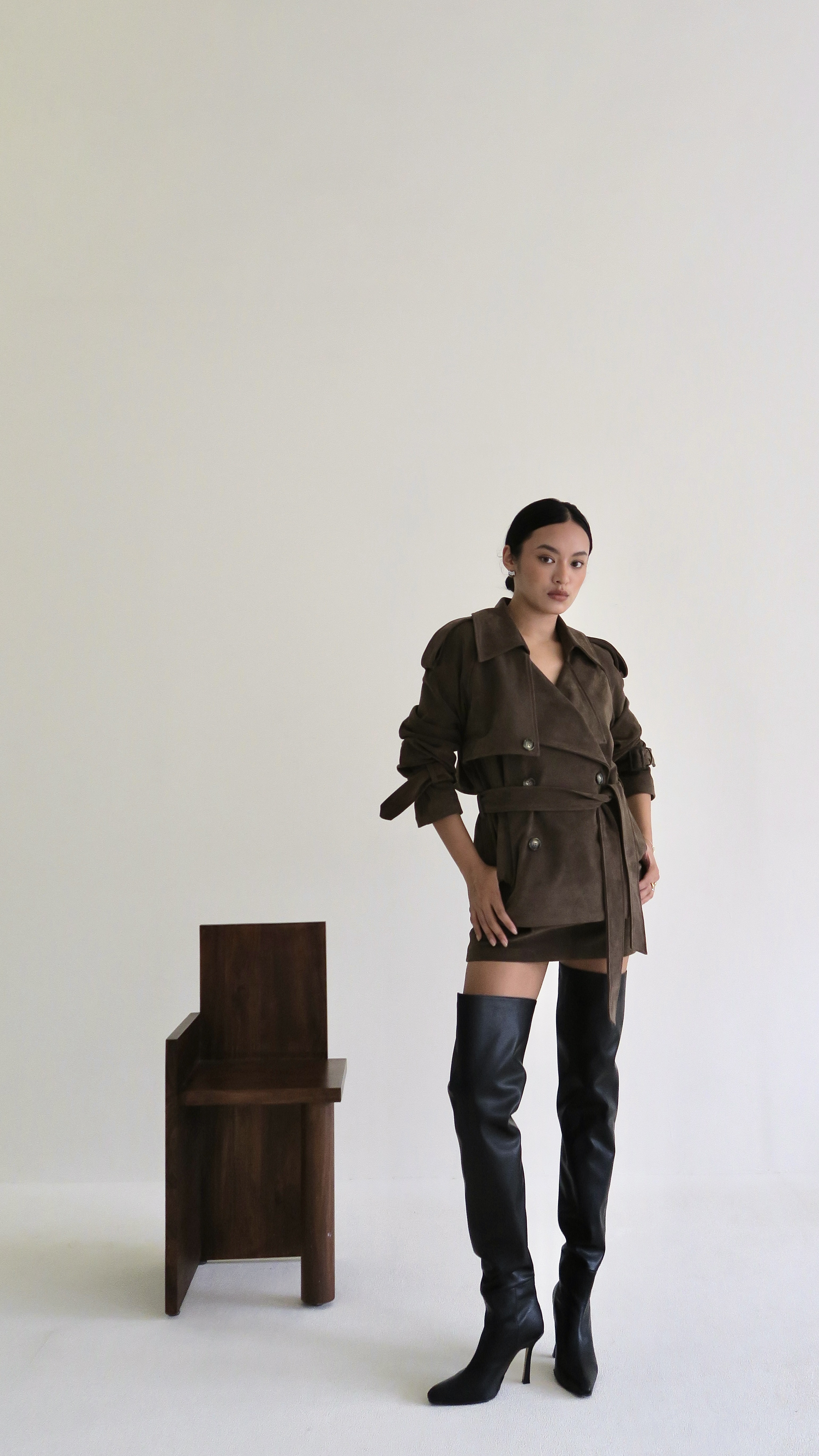 翻領麂皮套裙-單短裙